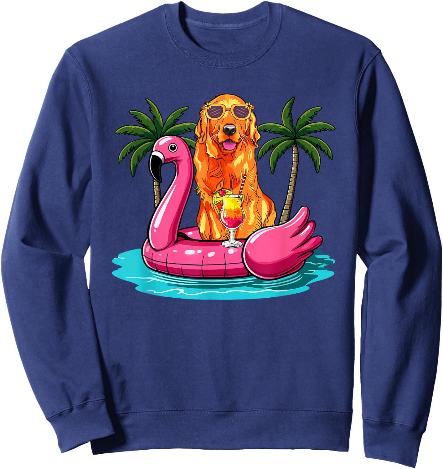 Golden Retriever Sunglasses On Flamingo Cute Float Lover Sweatshirt - Sweatshirt | Navy