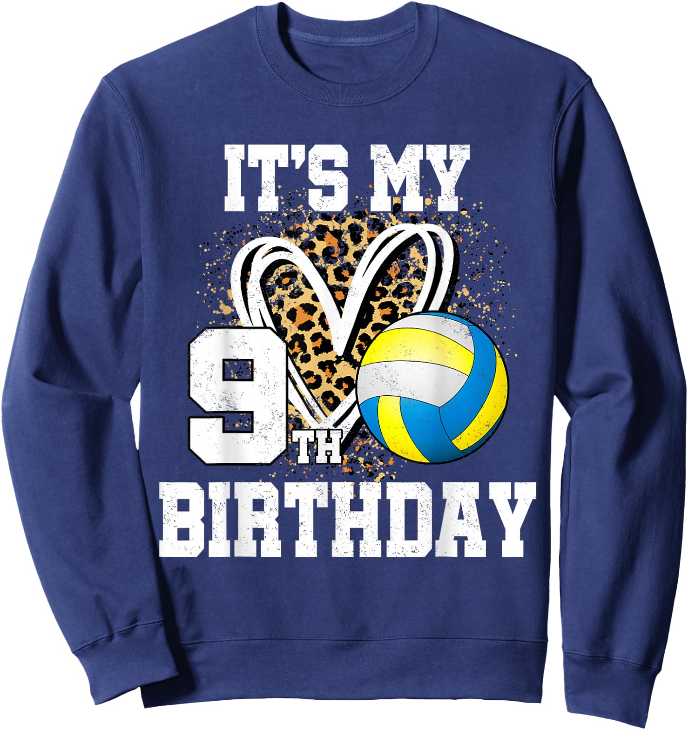 It's My 9th Birthday Volleyball 9 Year Old Leopard Heart Sweatshirt - Sweatshirt | Navy
