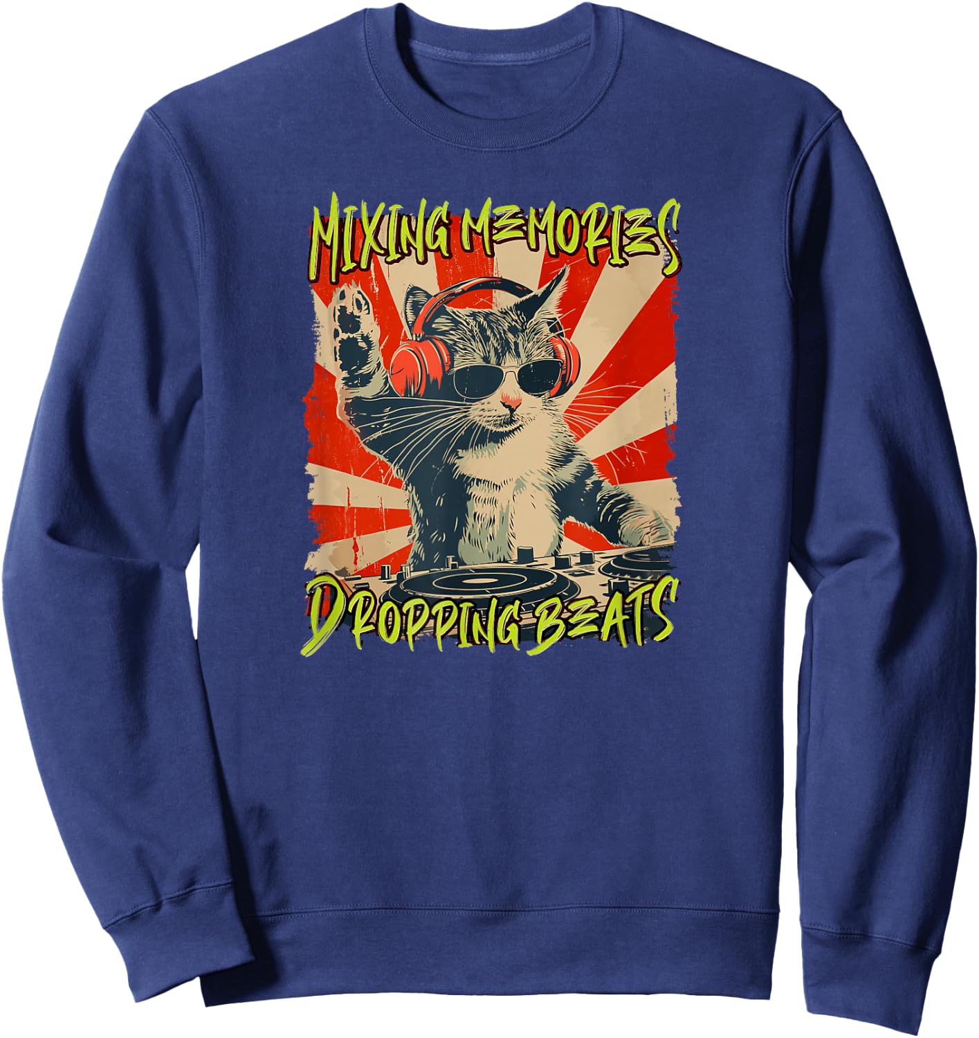 Funny DJ Cat Disco Sound Tech Headphone Music Sweatshirt - Sweatshirt | Navy