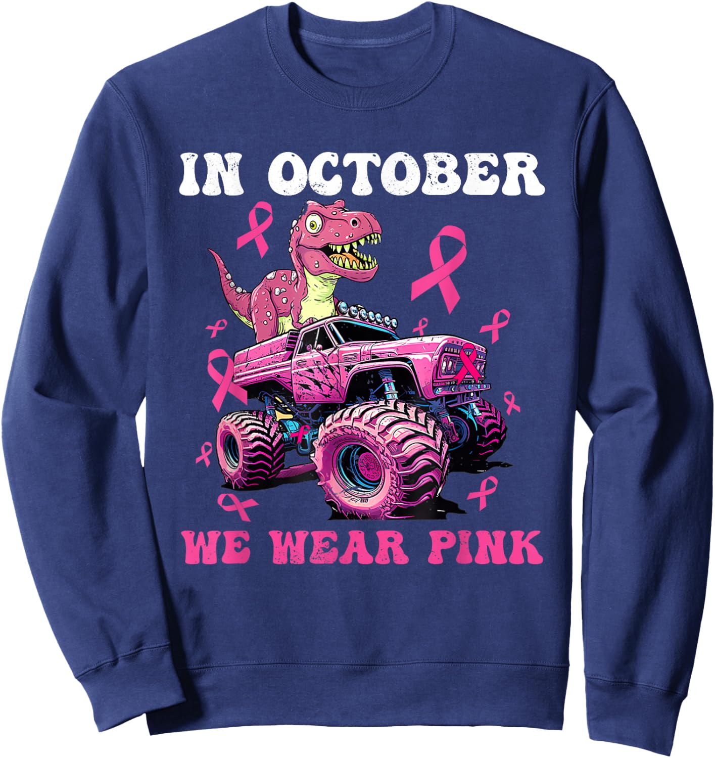 In October We Wear Pink Breast Cancer Trex Dino Kids Sweatshirt - Sweatshirt | Navy