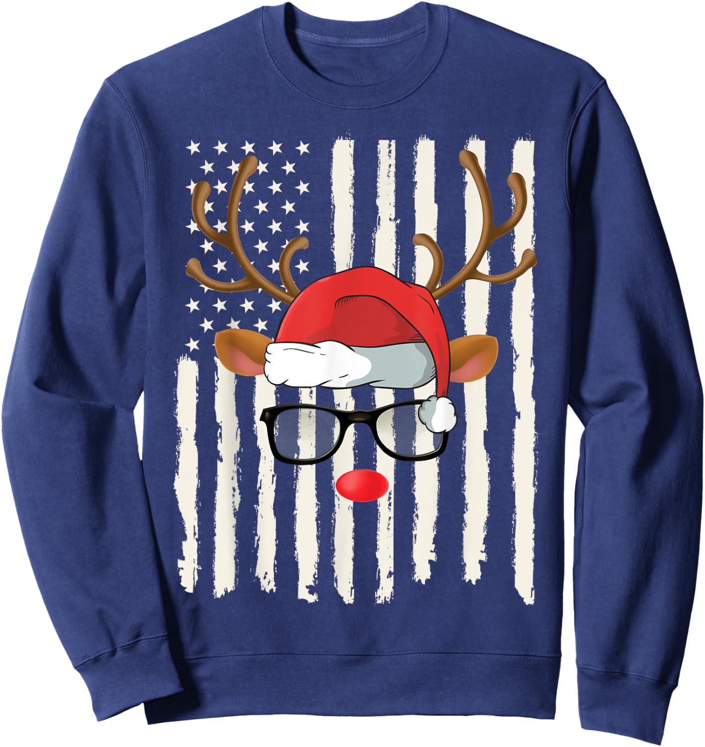 Cute Reindeer Santa Hat Glasses American Flag Christmas Sweatshirt - Sweatshirt | Navy