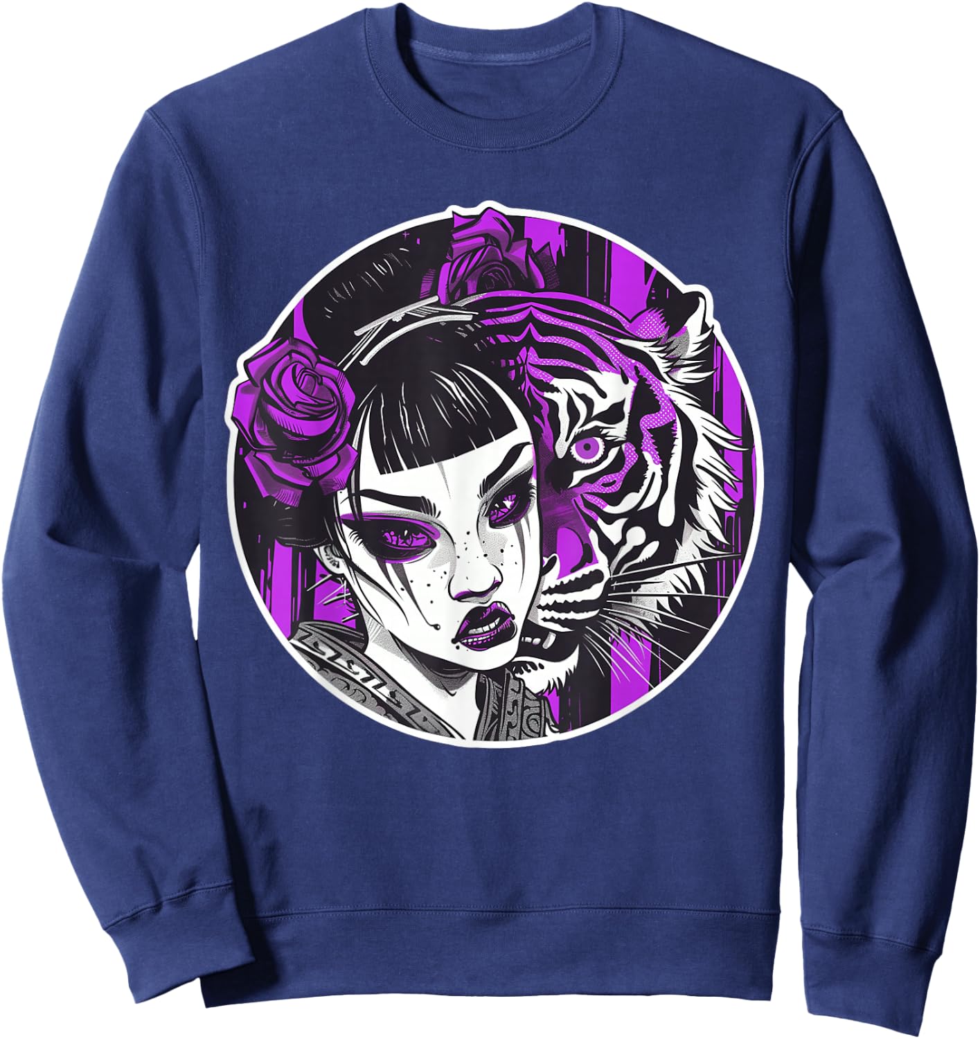 Kawaii Anime Geisha With Tiger Bliss For Otaku Enthusiasts Sweatshirt - Sweatshirt | Navy