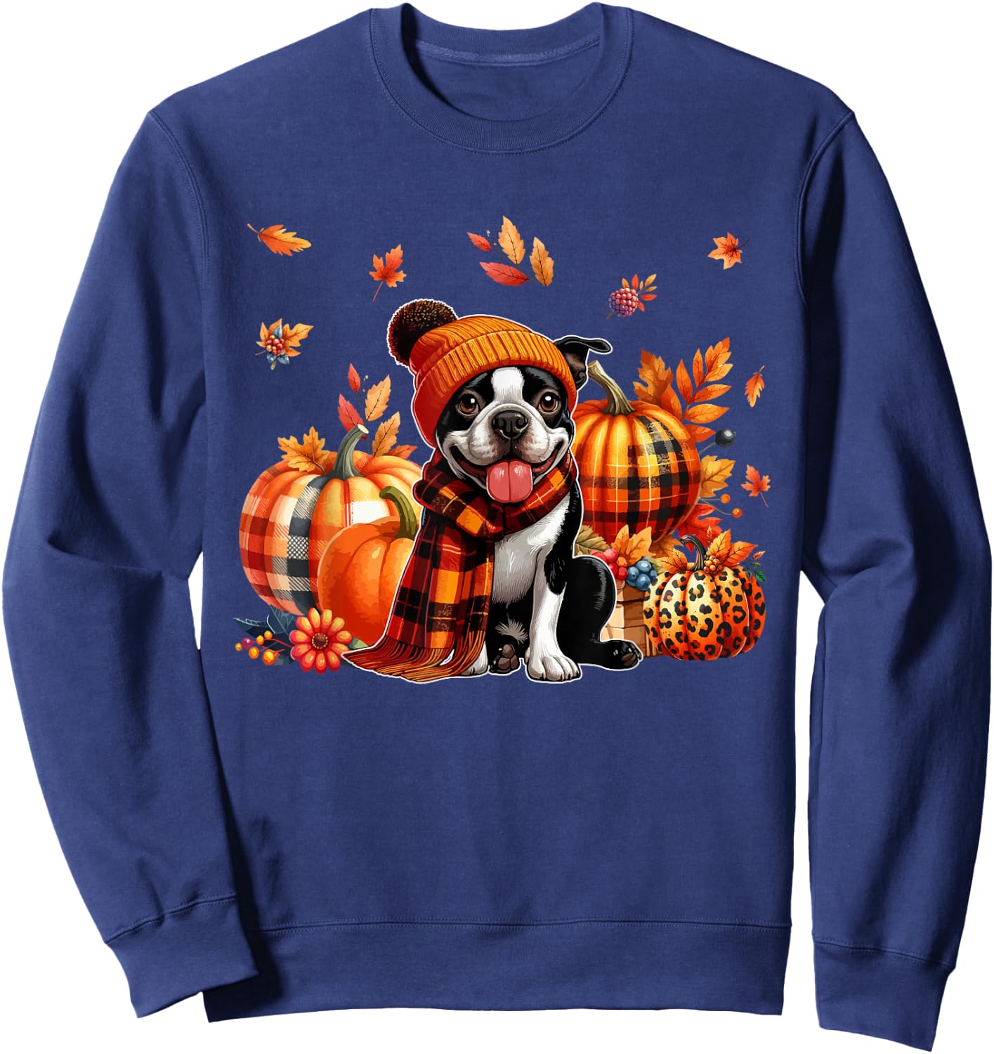Boston Terrier Thanksgiving Leopard Pumpkins Fall Leaves Sweatshirt - Sweatshirt | Navy