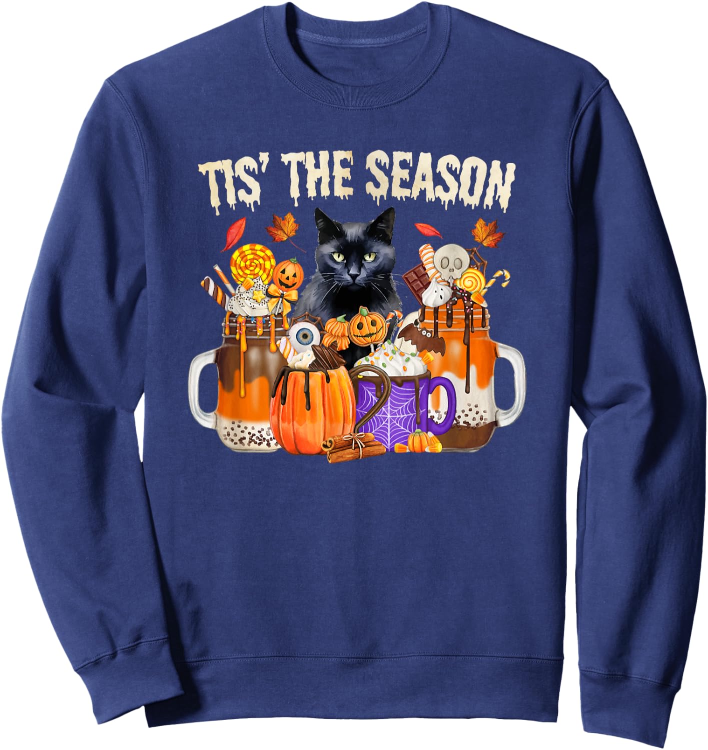 Fall Coffee Pumpkin Spice Latte Autumn Black Cat Sweatshirt - Sweatshirt | Navy