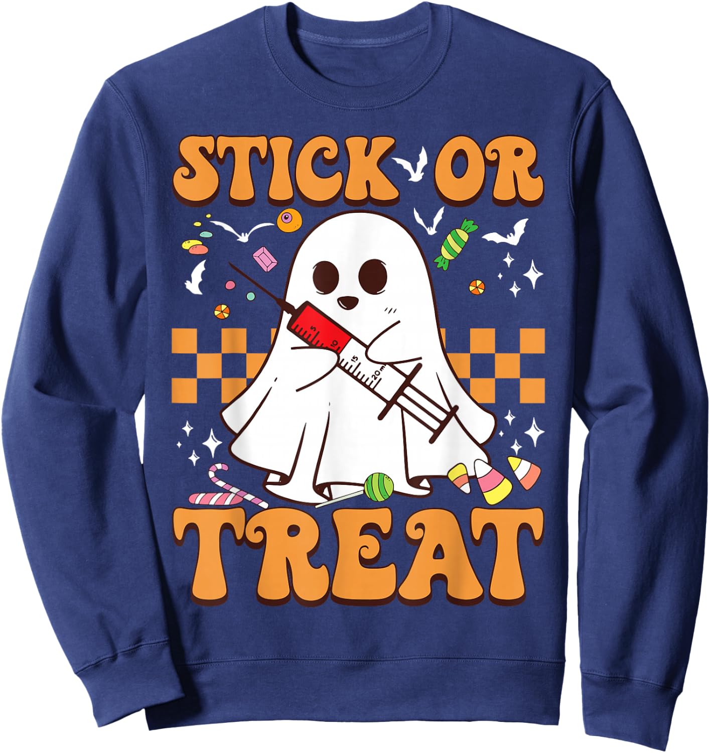 Retro Stick Or Treat Cute Ghost Nurse Phlebotomist Halloween Sweatshirt - Sweatshirt | Navy