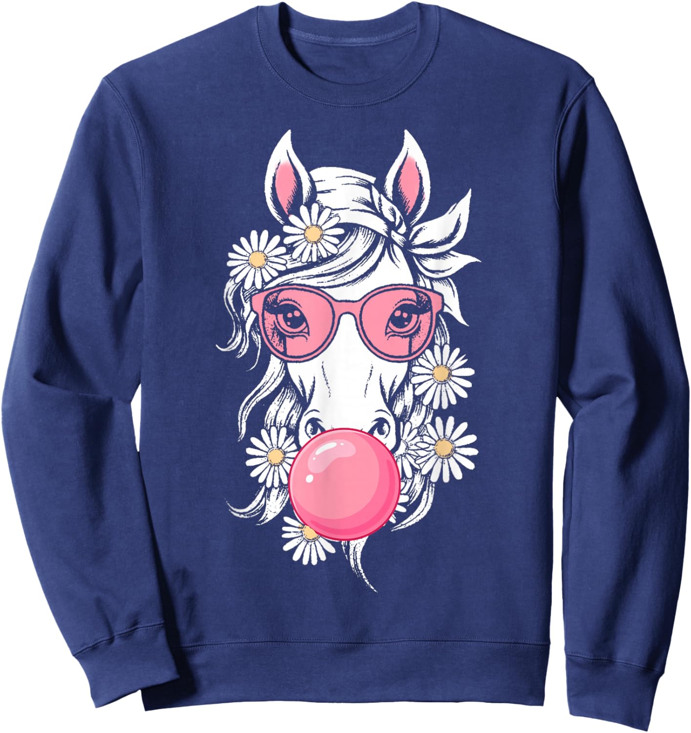 Horse with Pink Bandana and Bubble Gum Graphic Sweatshirt - Sweatshirt | Navy