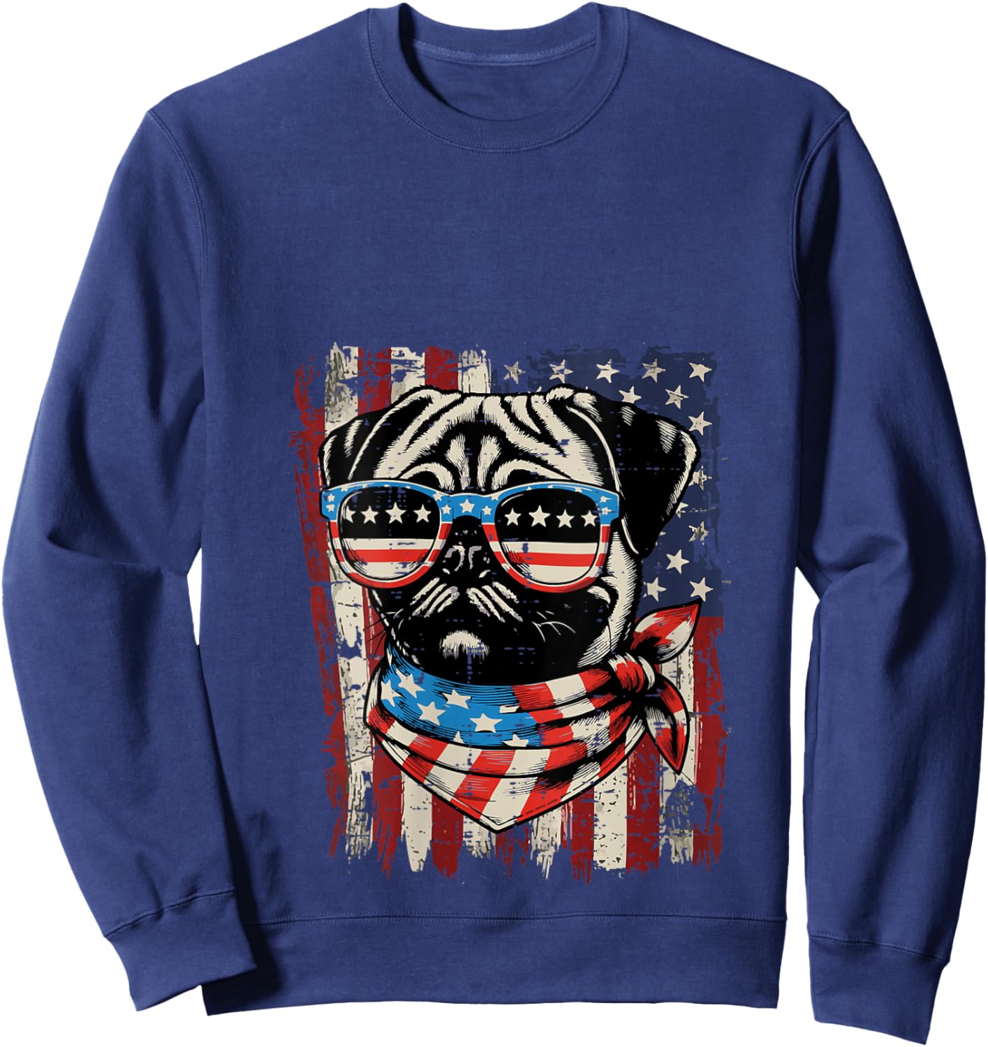 Women's 4th of July Dog Pug USA Flag Cute Patriotic Men Women Kids V-Neck Sweatshirt - Sweatshirt | Navy