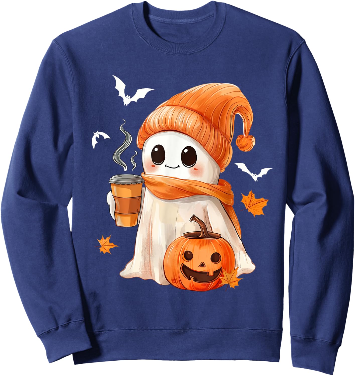 Cute Ghost Drinking Coffee Halloween Ghost Ice Coffee Sweatshirt - Sweatshirt | Navy