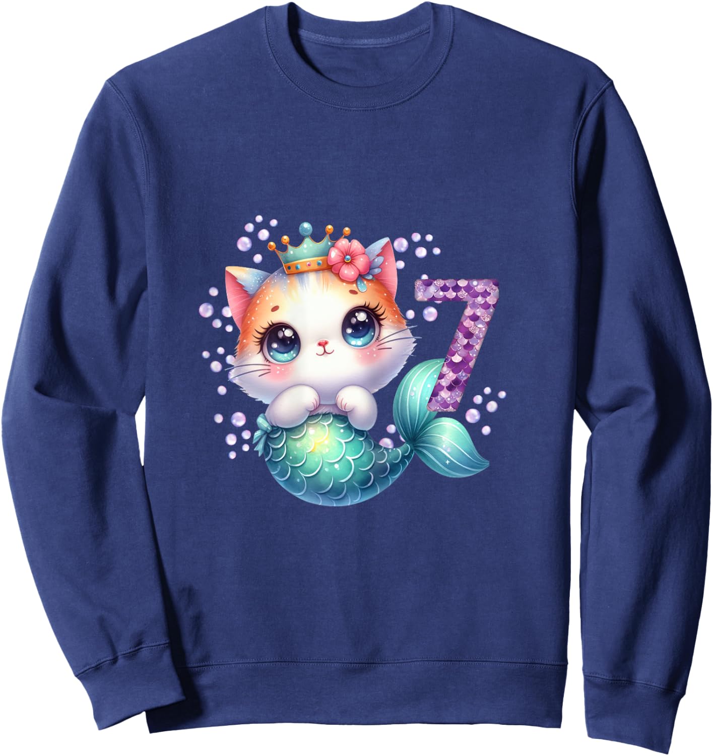 Cat Mermaid 7th Birthday 7 Year Old Party Girls Outfit Sweatshirt - Sweatshirt | Navy