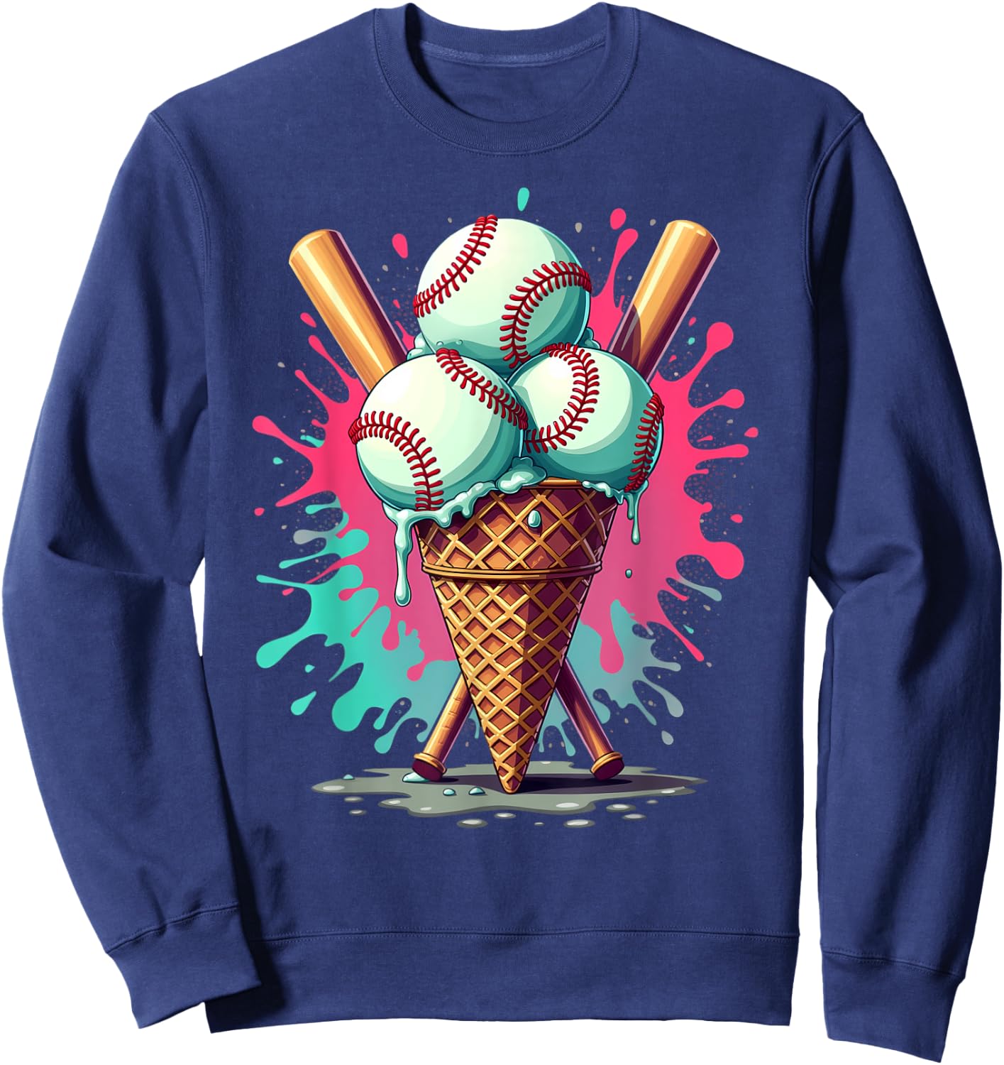 Baseball Ice Cream Watercolor Sports Lover Ice Cream Cone Sweatshirt - Sweatshirt | Navy