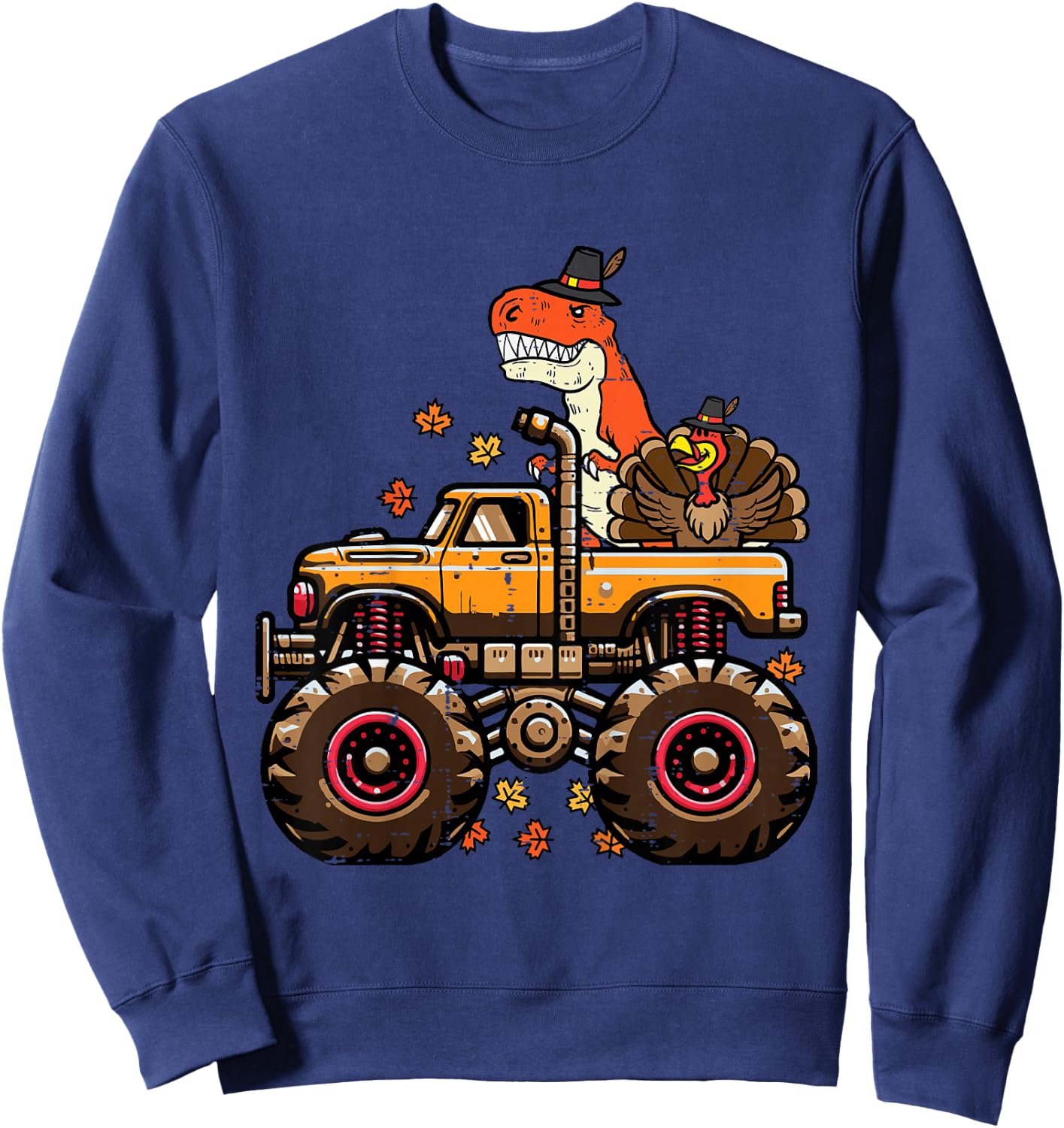 Kids Thanksgiving Dino Monster Truck Trex Fall Boys Kids Toddler Sweatshirt - Sweatshirt | Navy