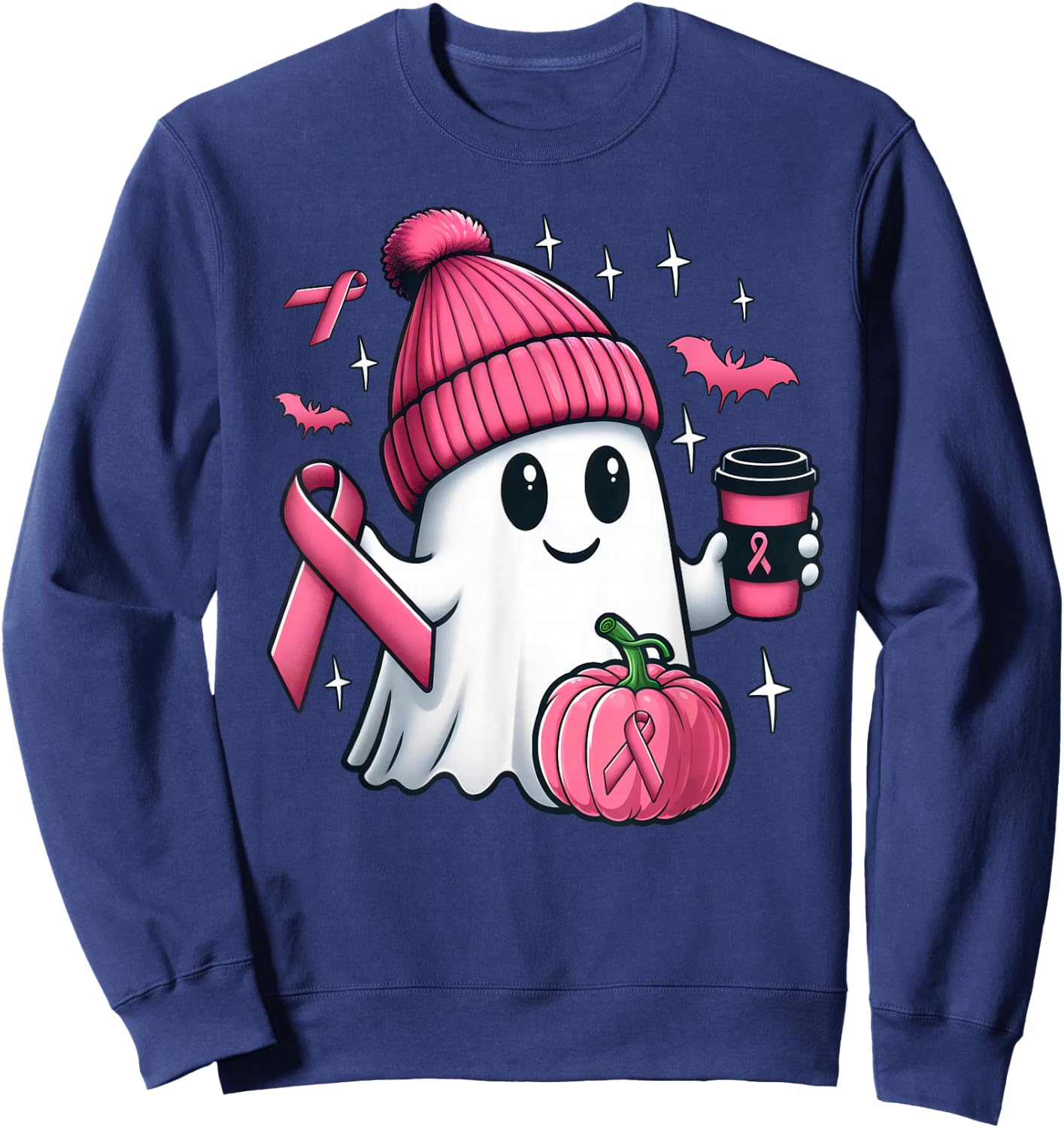 Cute Ghost Drinking Coffee Halloween Breast Cancer Awareness Sweatshirt - Sweatshirt | Navy