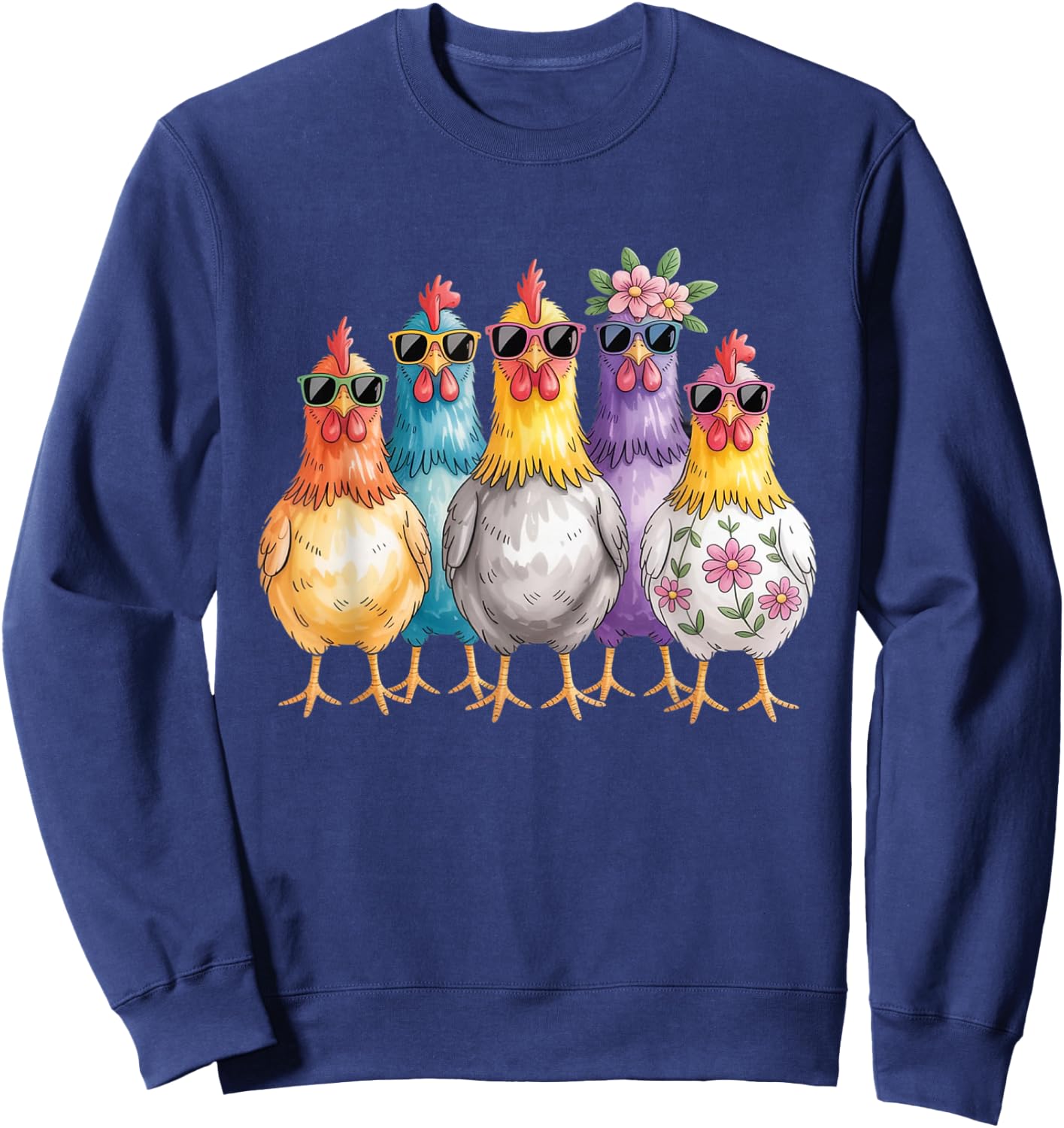 Colorful Cool Chickens Sunglasse Retro Chicken Floral Farm Sweatshirt - Sweatshirt | Navy