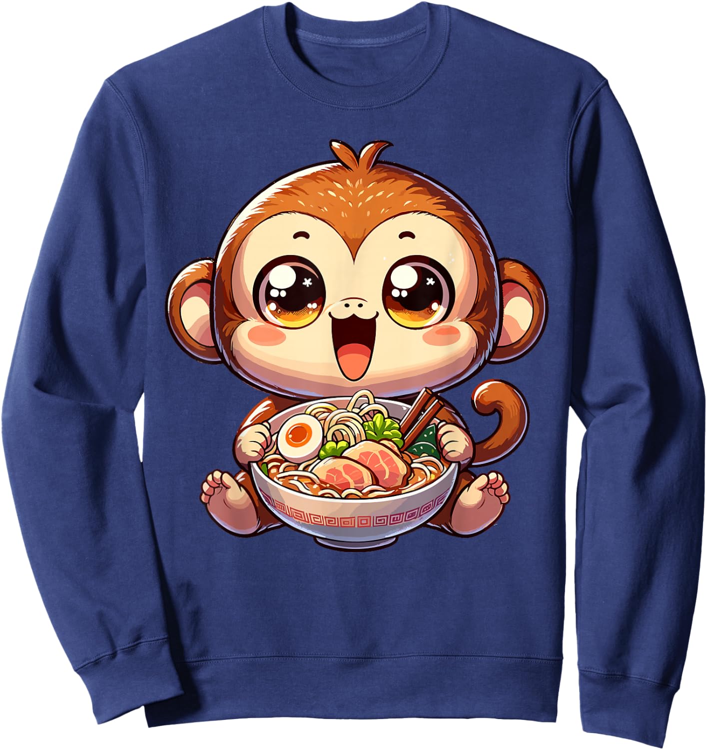 Cute Youth Monkey Kawaii Eating Ramen Japanese Food Sweatshirt - Sweatshirt | Navy