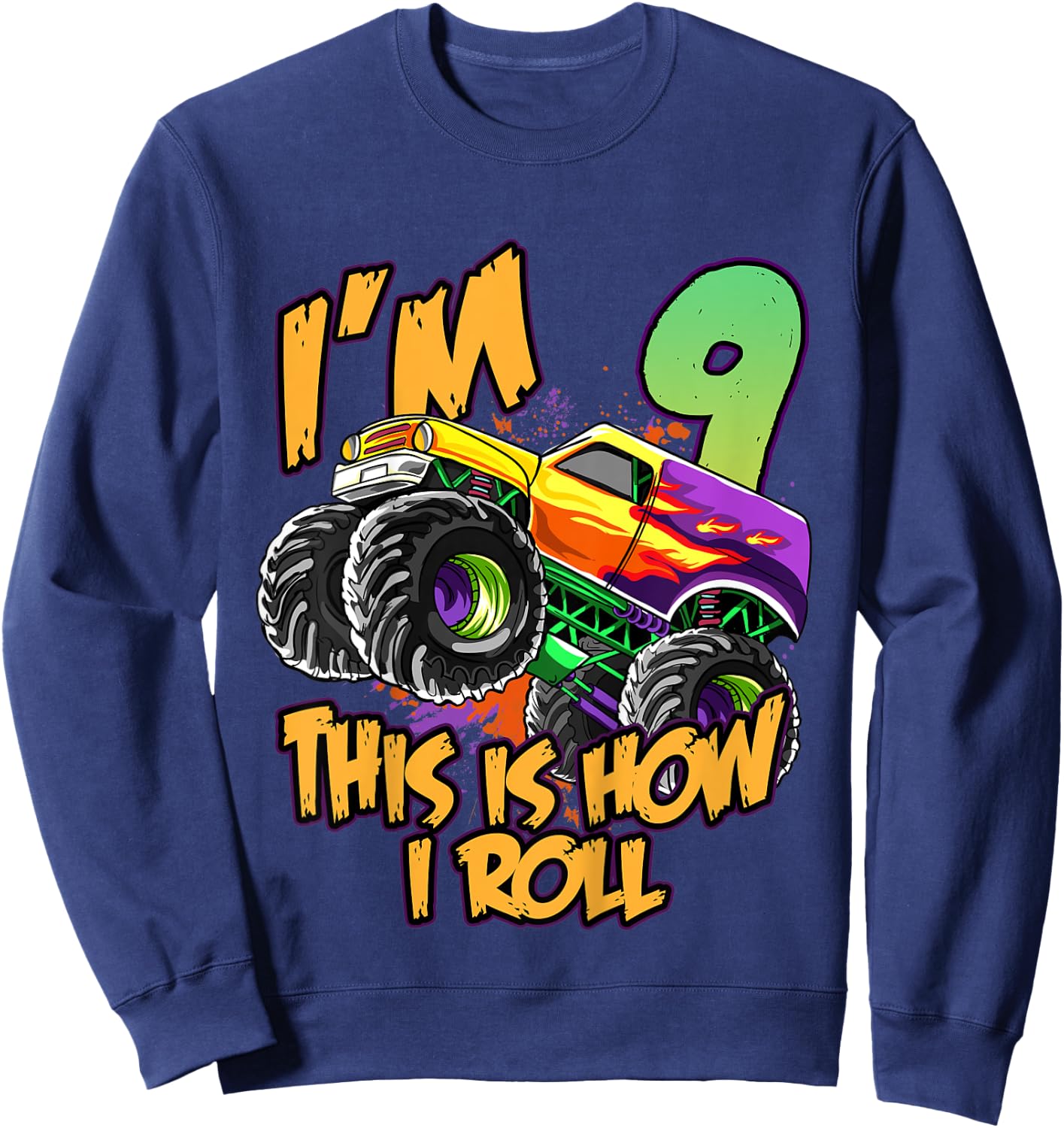 Kids 9th Birthday Boys Monster Truck 9 Year Old Race Car Party Sweatshirt - Sweatshirt | Navy