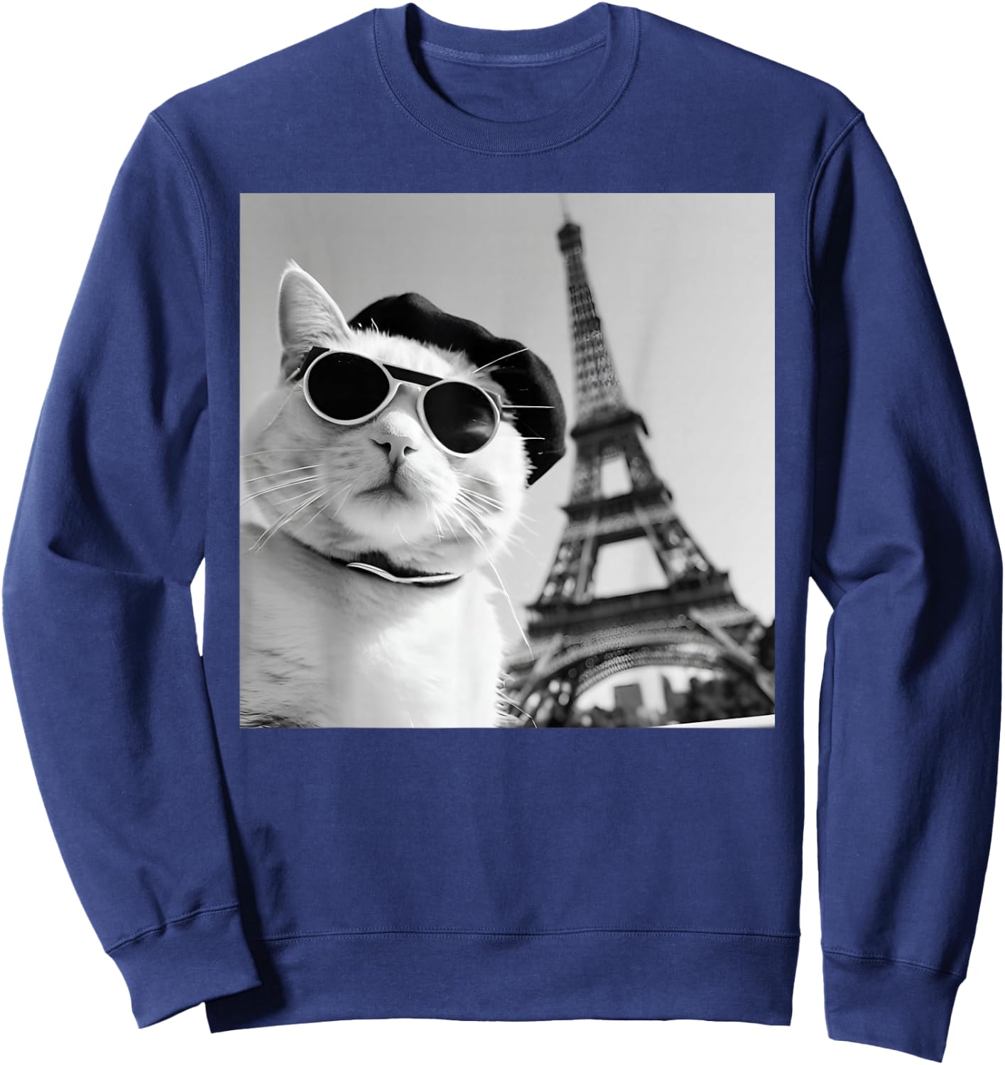 Funny Cat Wearing Sunglasses At The Eiffel Tower in France Sweatshirt - Sweatshirt | Navy