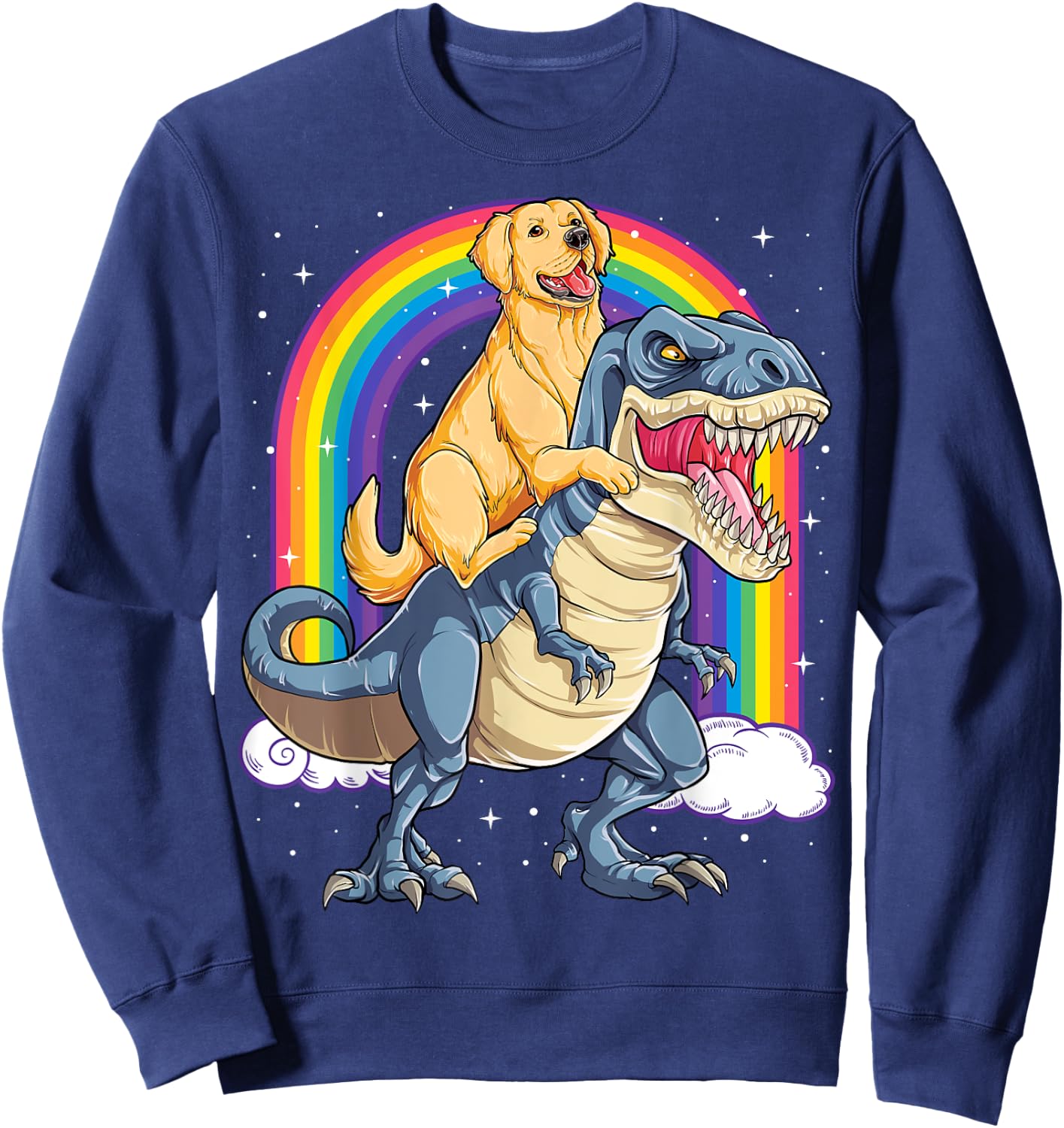 Golden Retriever Riding Dinosaur T-rex Gifts Boys Rainbow Sweatshirt - Sweatshirt | Navy