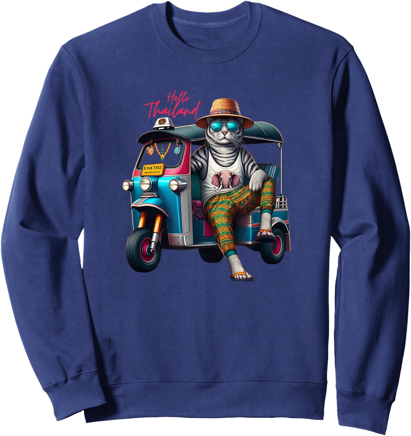 Hello Thailand Cool cat wear elephant Pants on Thai TukTuk Sweatshirt - Sweatshirt | Navy