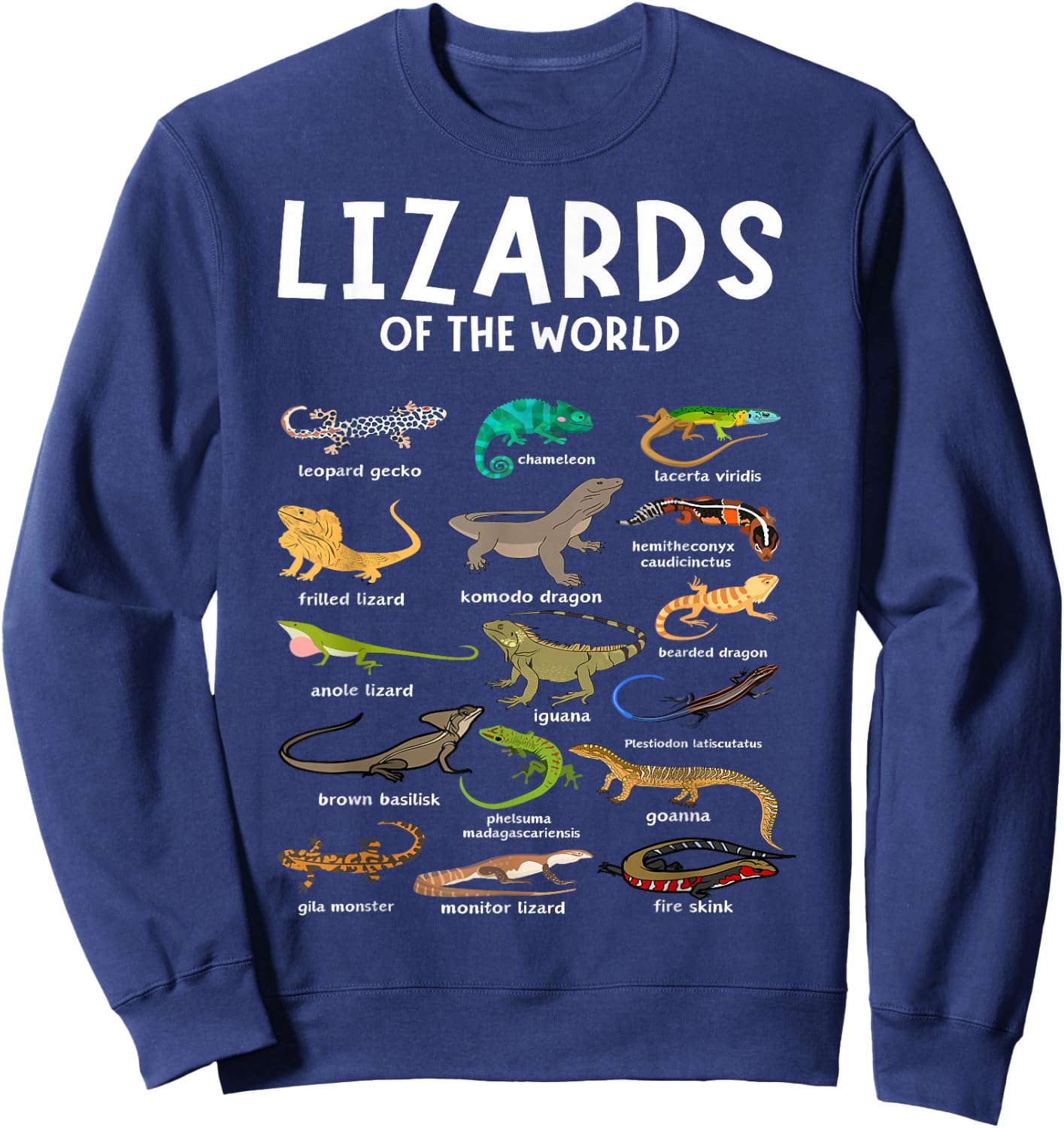 Types of Lizards of the World Reptile Herpetology Lizard Sweatshirt - Sweatshirt | Navy