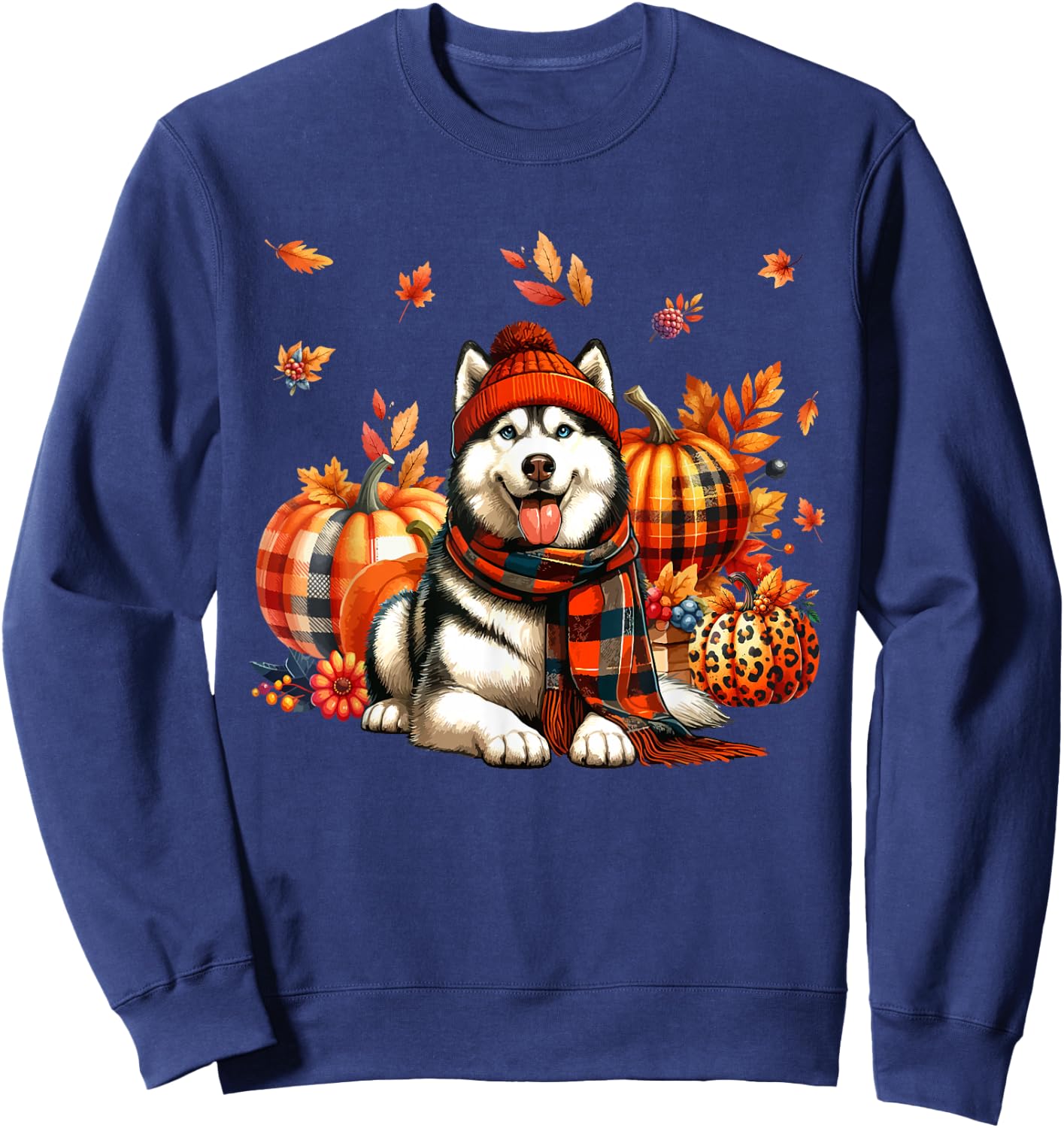 Husky Thanksgiving Leopard Pumpkins Fall Leaves Lover Sweatshirt - Sweatshirt | Navy