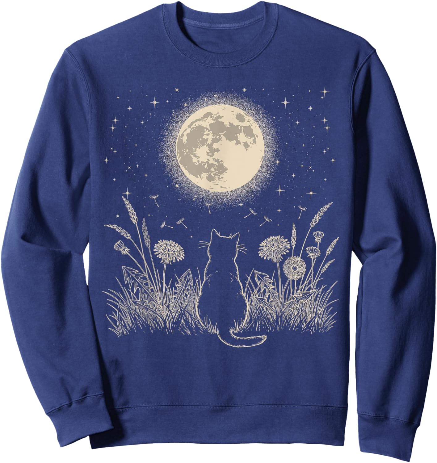 Black Cat Moon Floral Aesthetic Men Women Kitten Halloween Sweatshirt - Sweatshirt | Navy