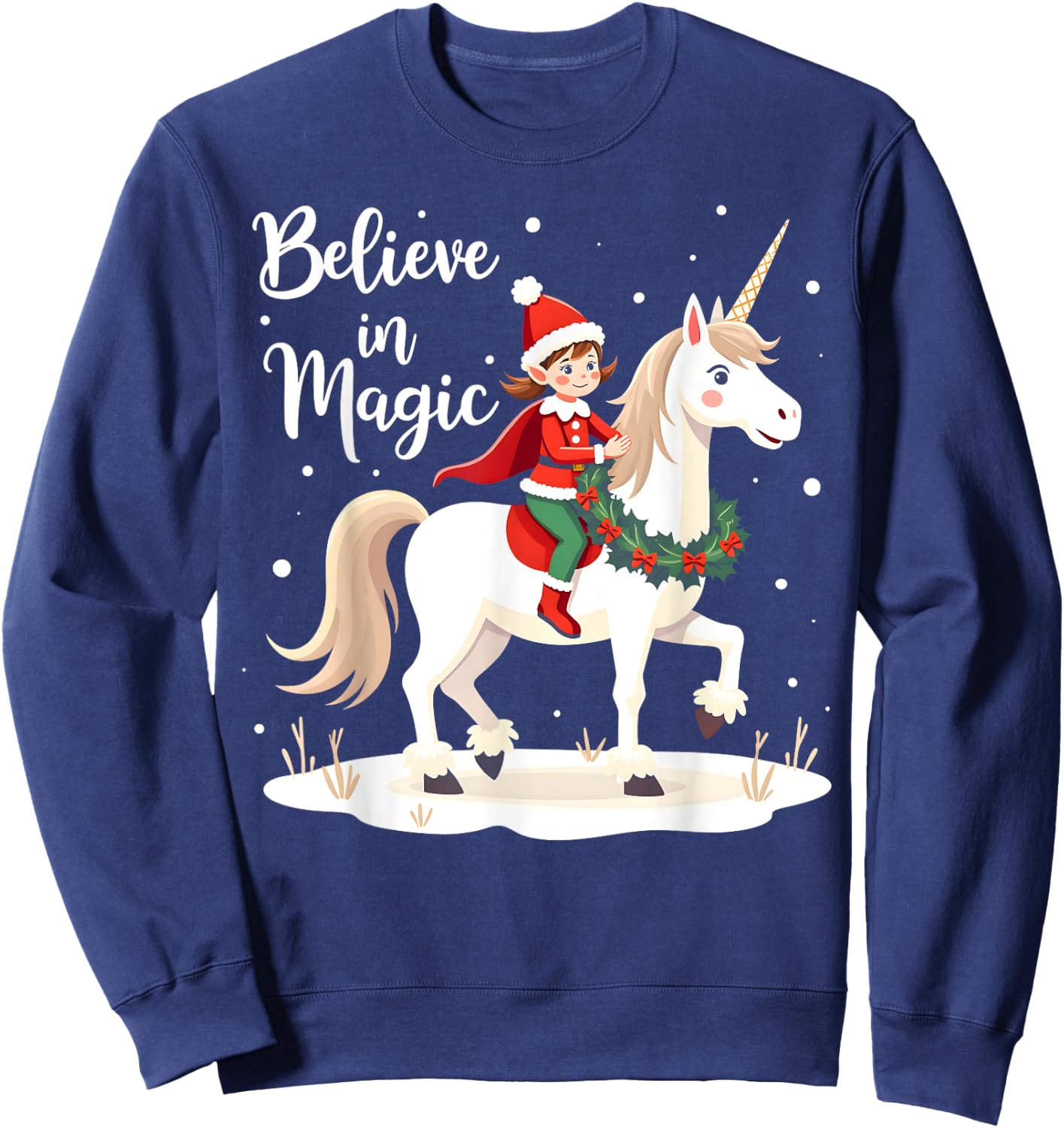 Believe in Magic Christmas Elf Riding Festive Unicorn Sweatshirt - Sweatshirt | Navy