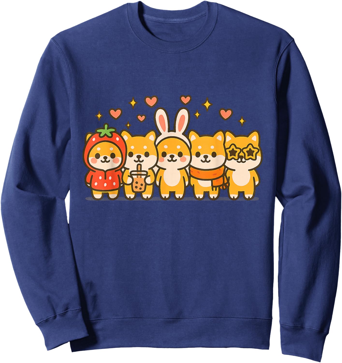 Kawaii Shiba Inu Squad Cute Strawberry Bunny Boba Dog Art Sweatshirt - Sweatshirt | Navy