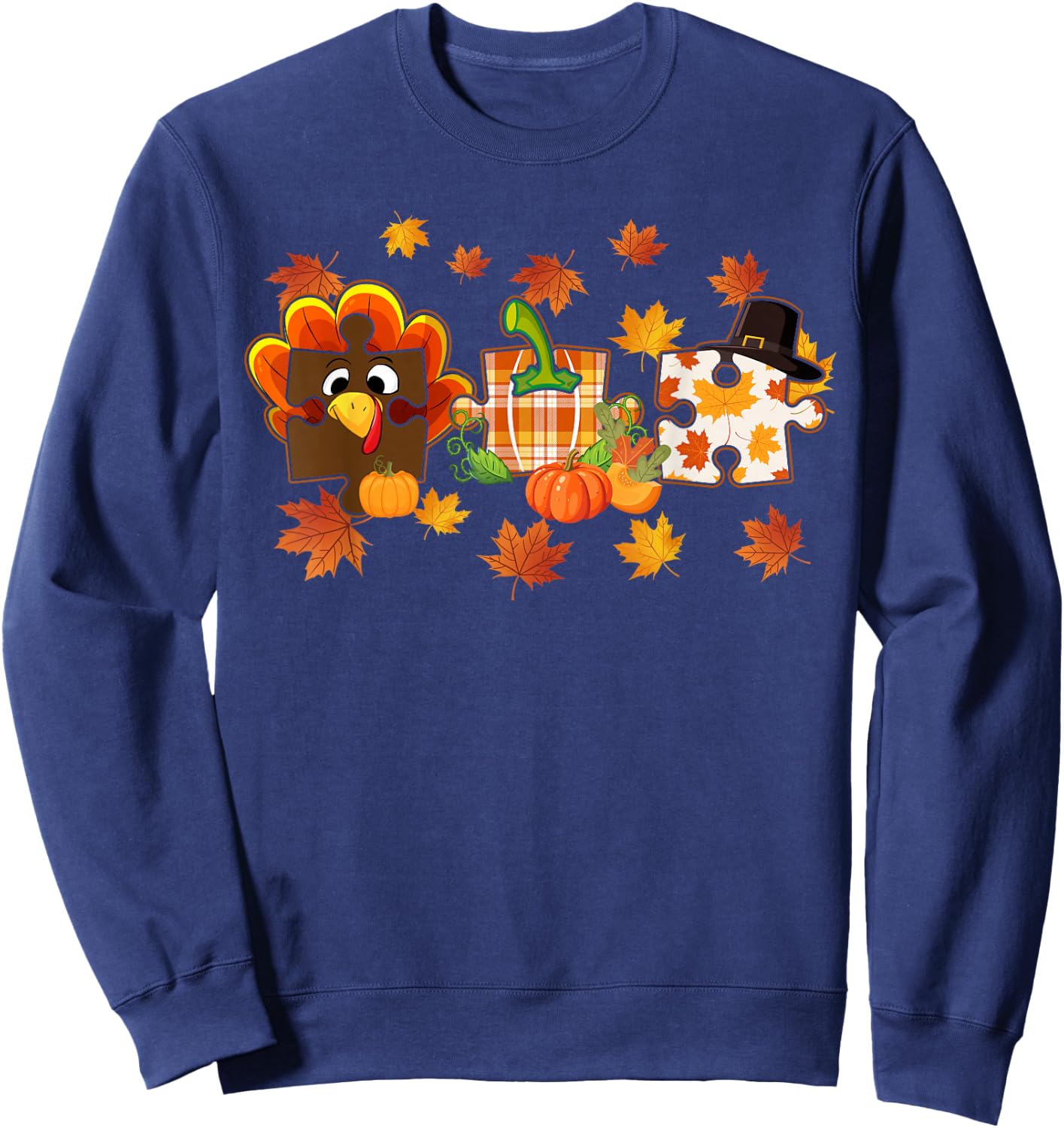 Cute Turkey Autism Awareness Puzzle Pumpkin for Thanksgiving Sweatshirt - Sweatshirt | Navy
