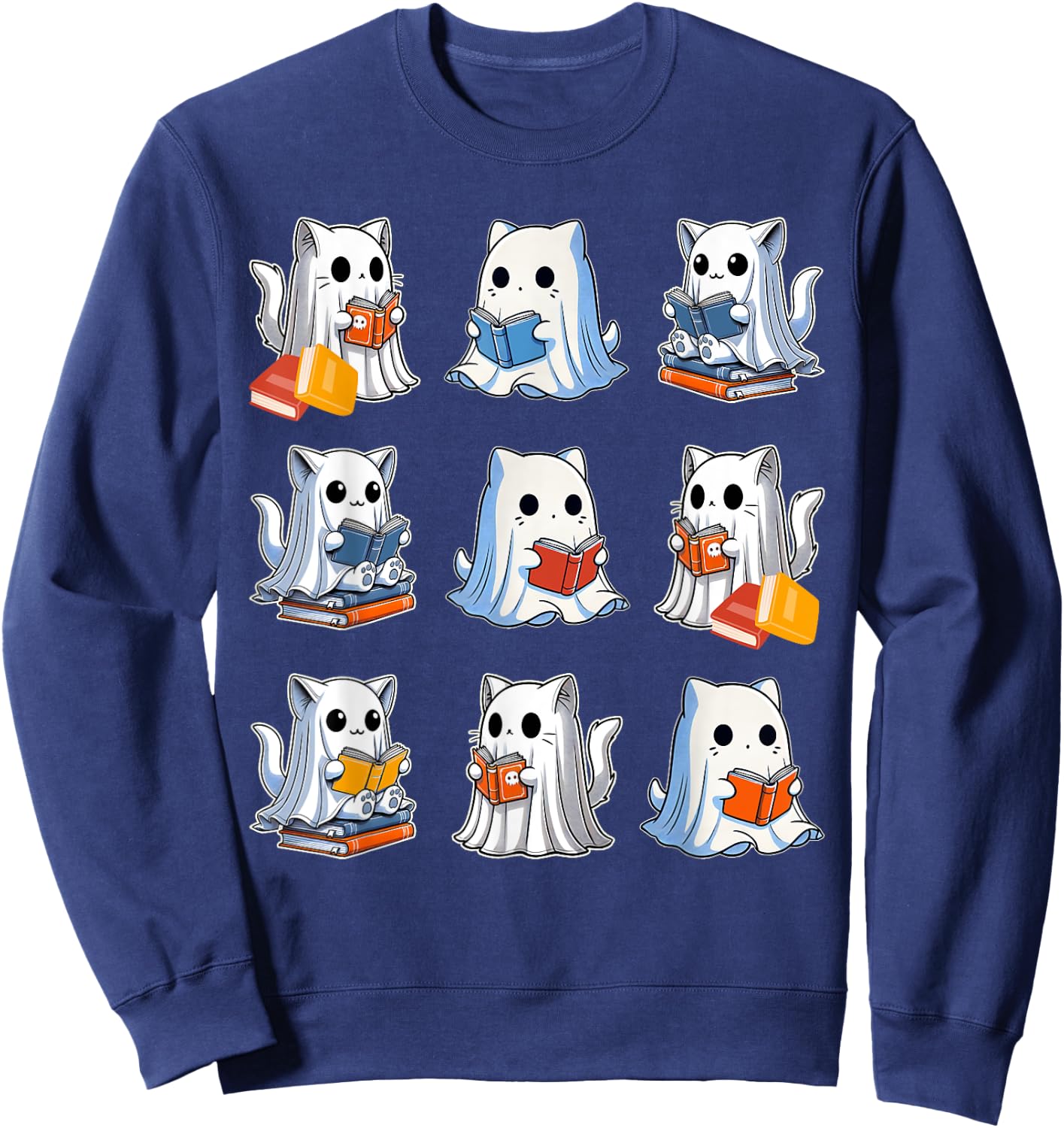 Funny Cats Reading Halloween Cute Cats Ghosts Reading Books Sweatshirt - Sweatshirt | Navy