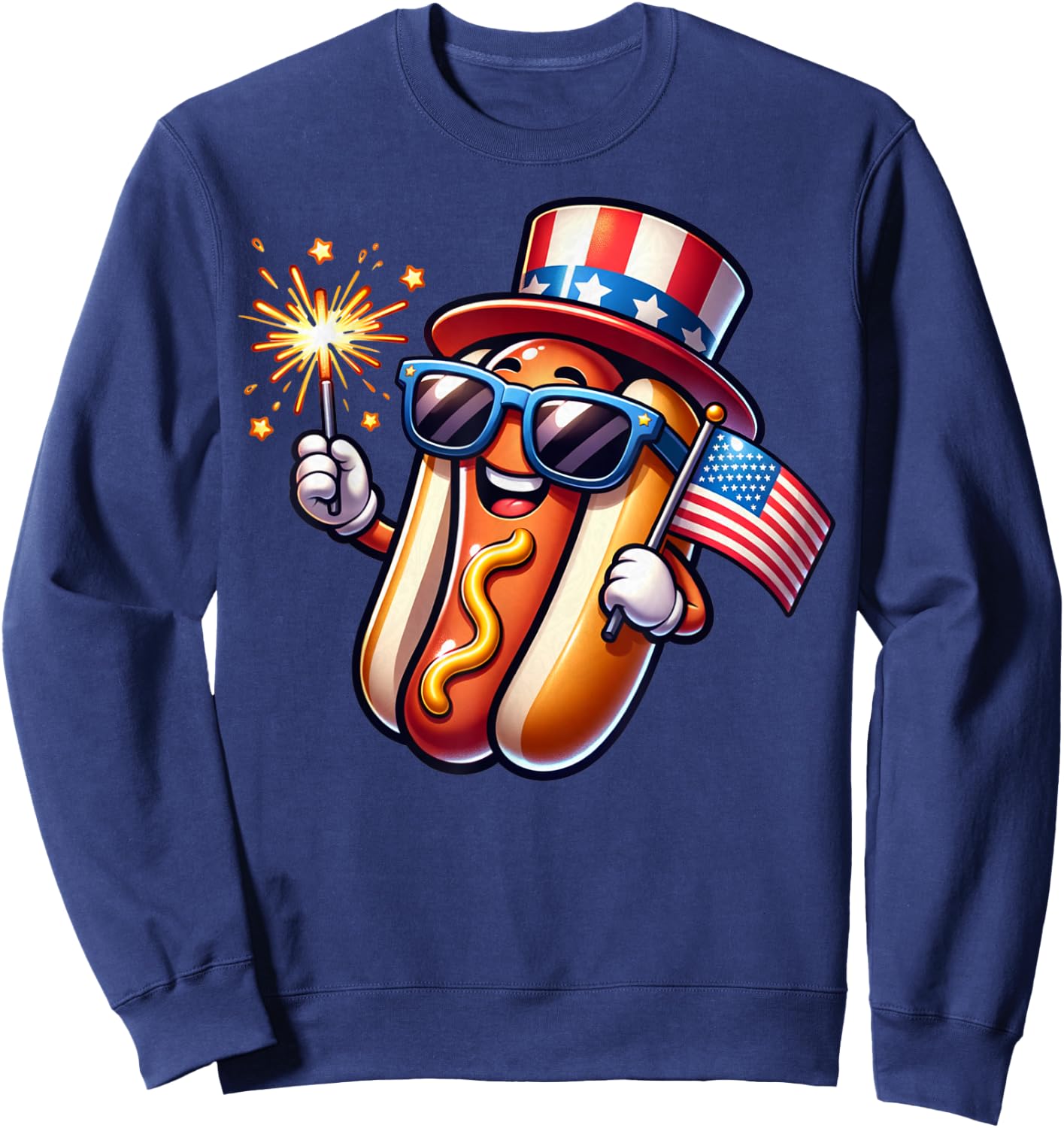 4th of July Sparkler Hotdog Funny Patriotic Flag Sweatshirt - Sweatshirt | Navy