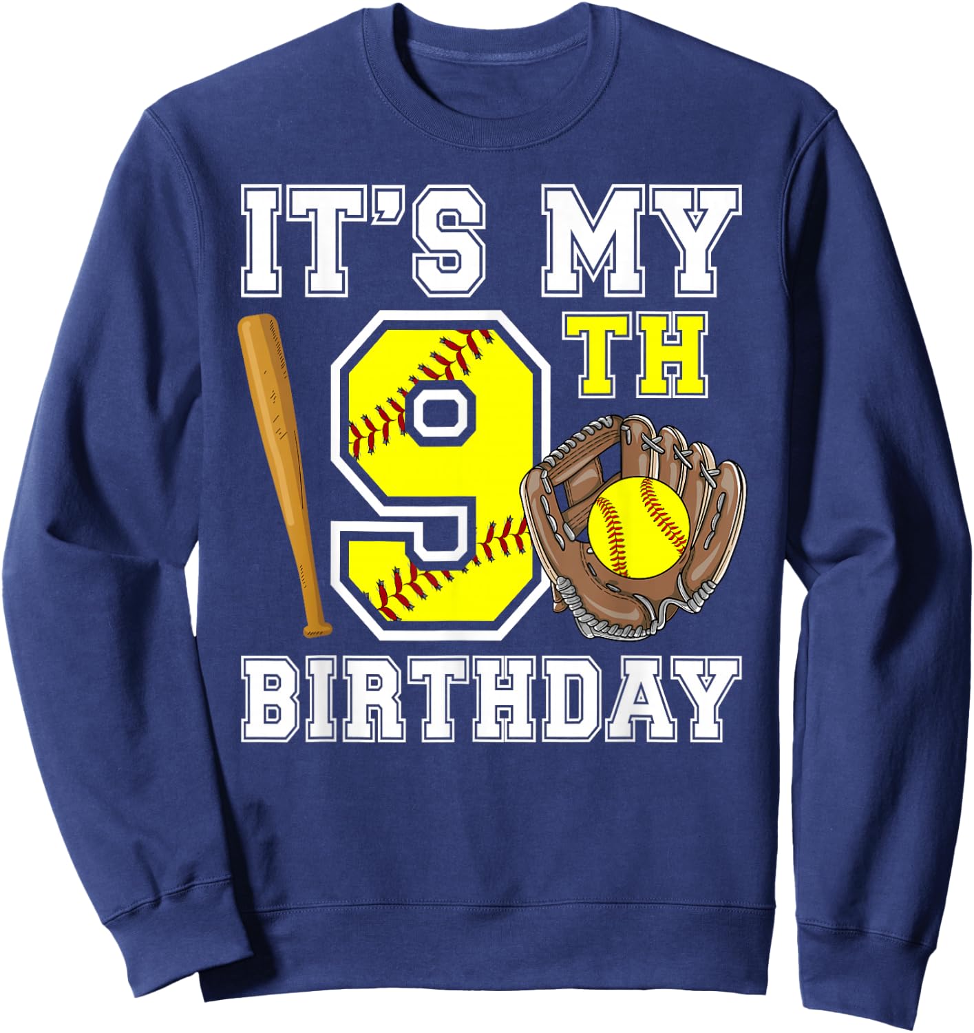 9th Birthday Softball Girl 9 Year Old Softball Player Sweatshirt - Sweatshirt | Navy