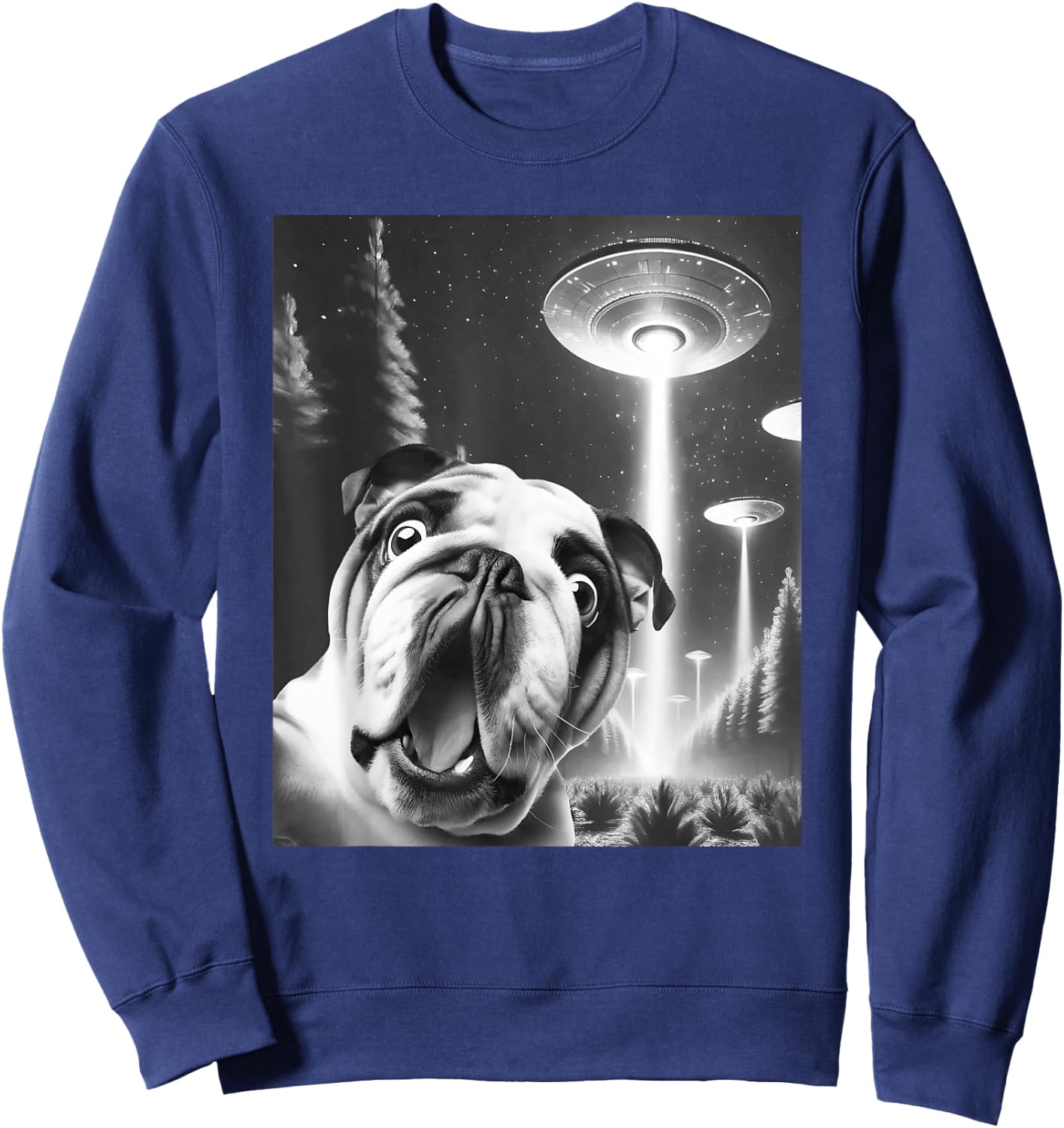 Funny English Bulldog Alien UFO Taking a Selfie Dog Mom Dad Sweatshirt - Sweatshirt | Navy