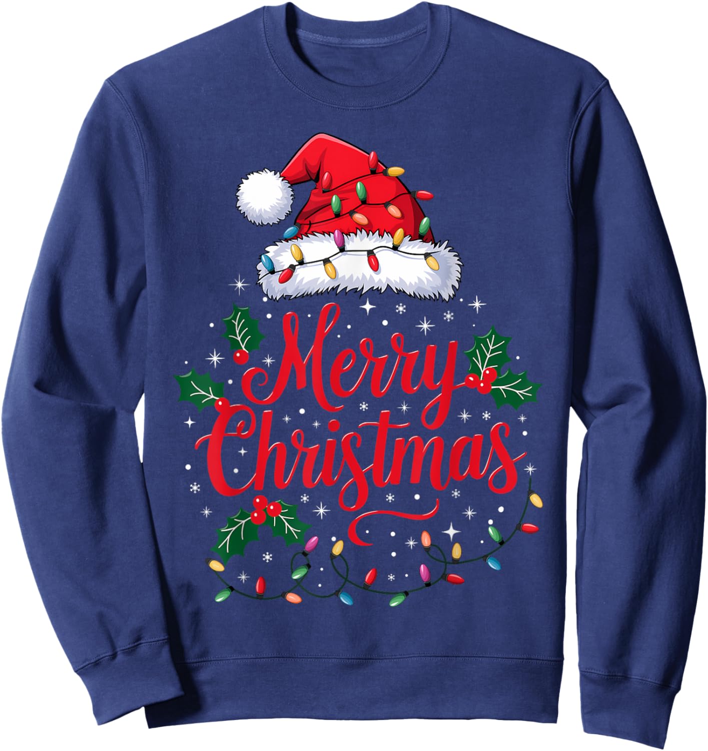Merry Christmas Lights Red Santa Hat Xmas Family Men Women Sweatshirt - Sweatshirt | Navy