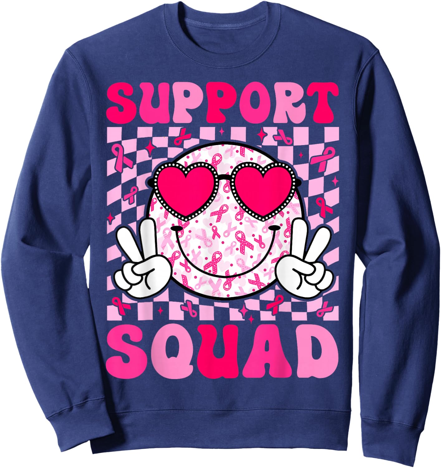 Support Squad Breast Cancer Awareness Pink Ribbon Smile Face Sweatshirt - Sweatshirt | Navy
