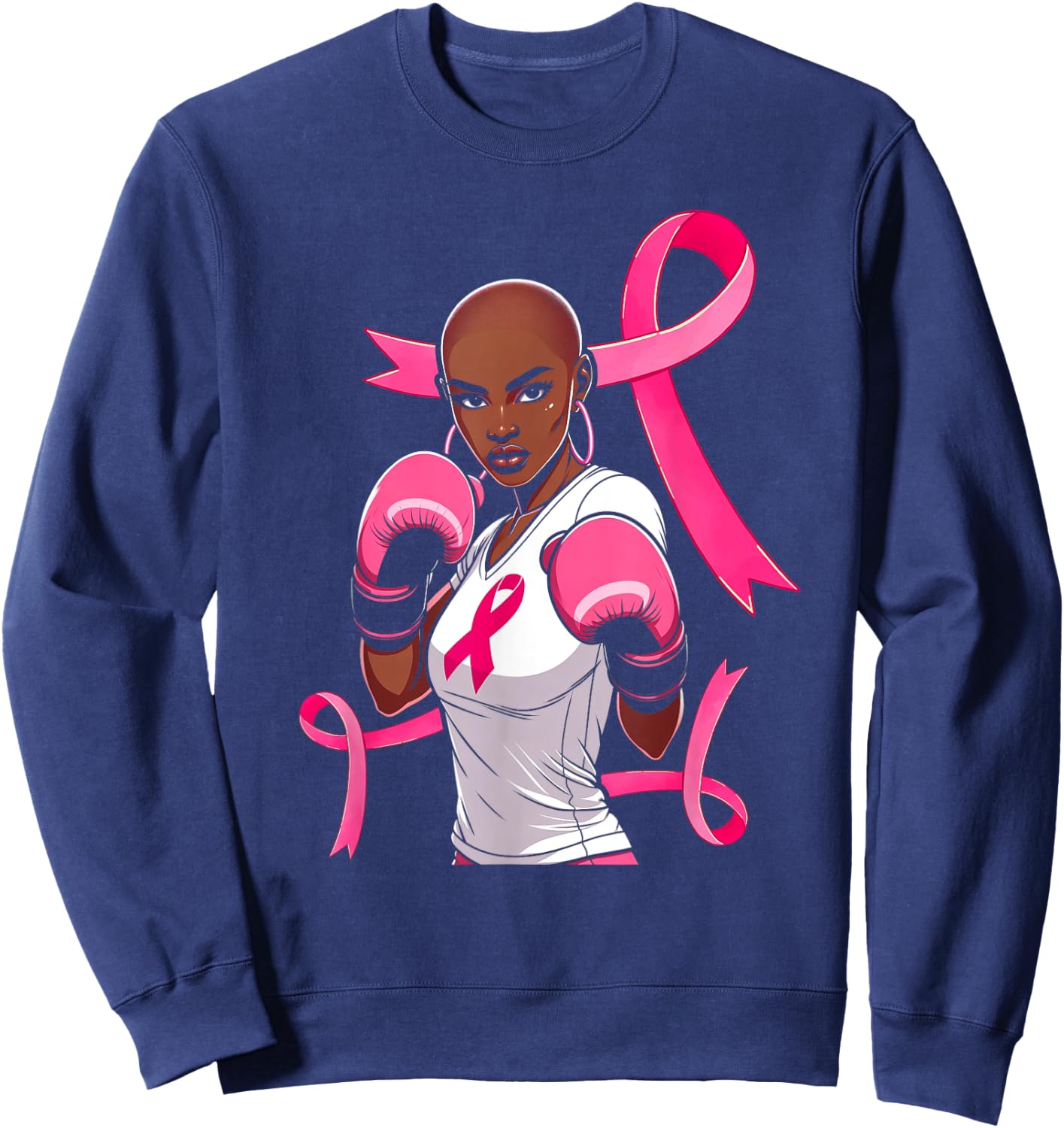 Breast Cancer Awareness African American Afro Pink Ribbon Sweatshirt - Sweatshirt | Navy