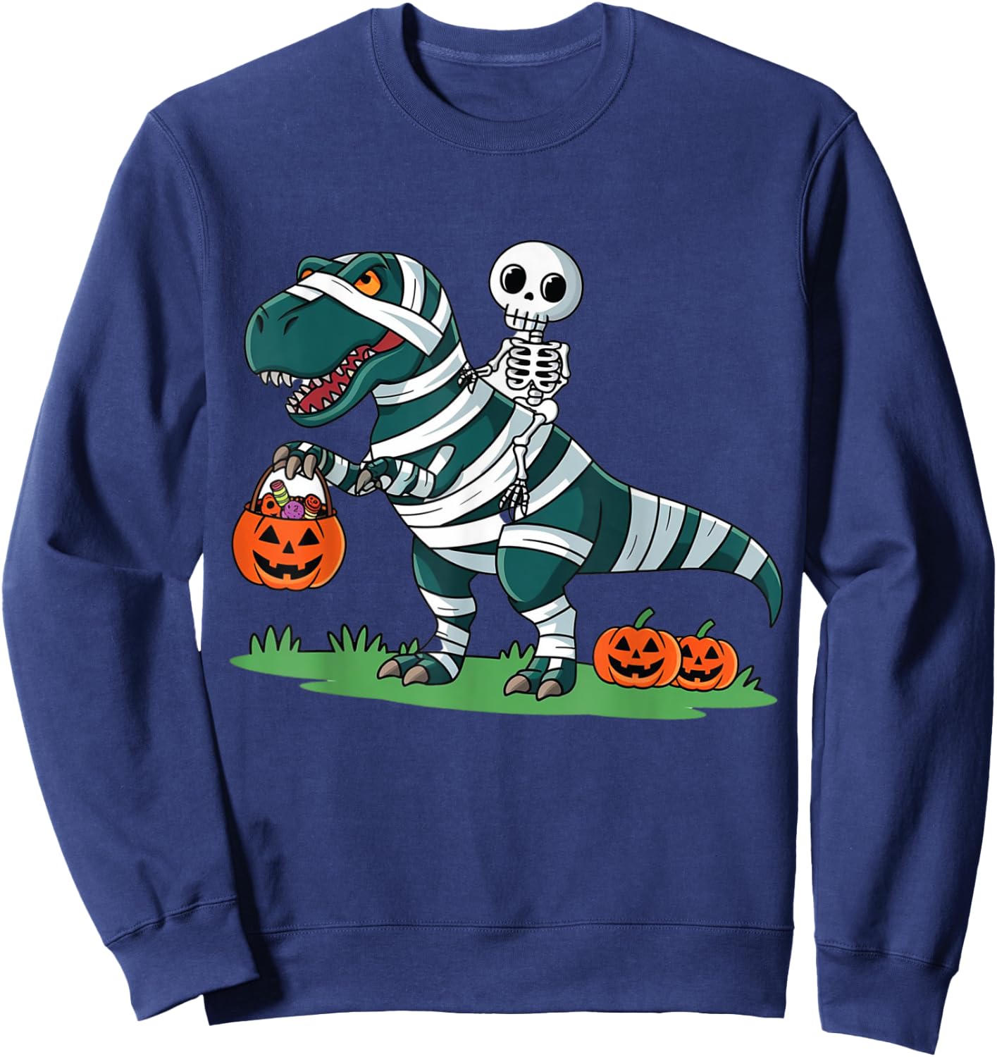Skeleton Riding Mummy Dinosaur T rex Halloween Funny Pumpkin Sweatshirt - Sweatshirt | Navy