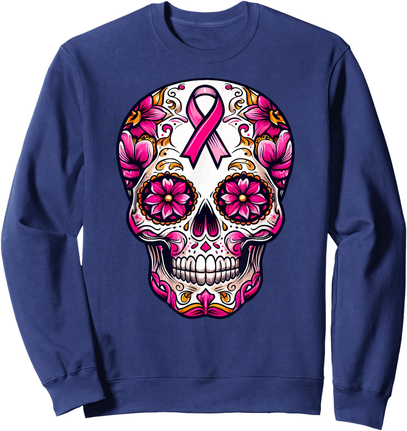 Sugar Skull Pink Ribbon Calavera Breast Cancer Awareness Sweatshirt - Sweatshirt | Navy