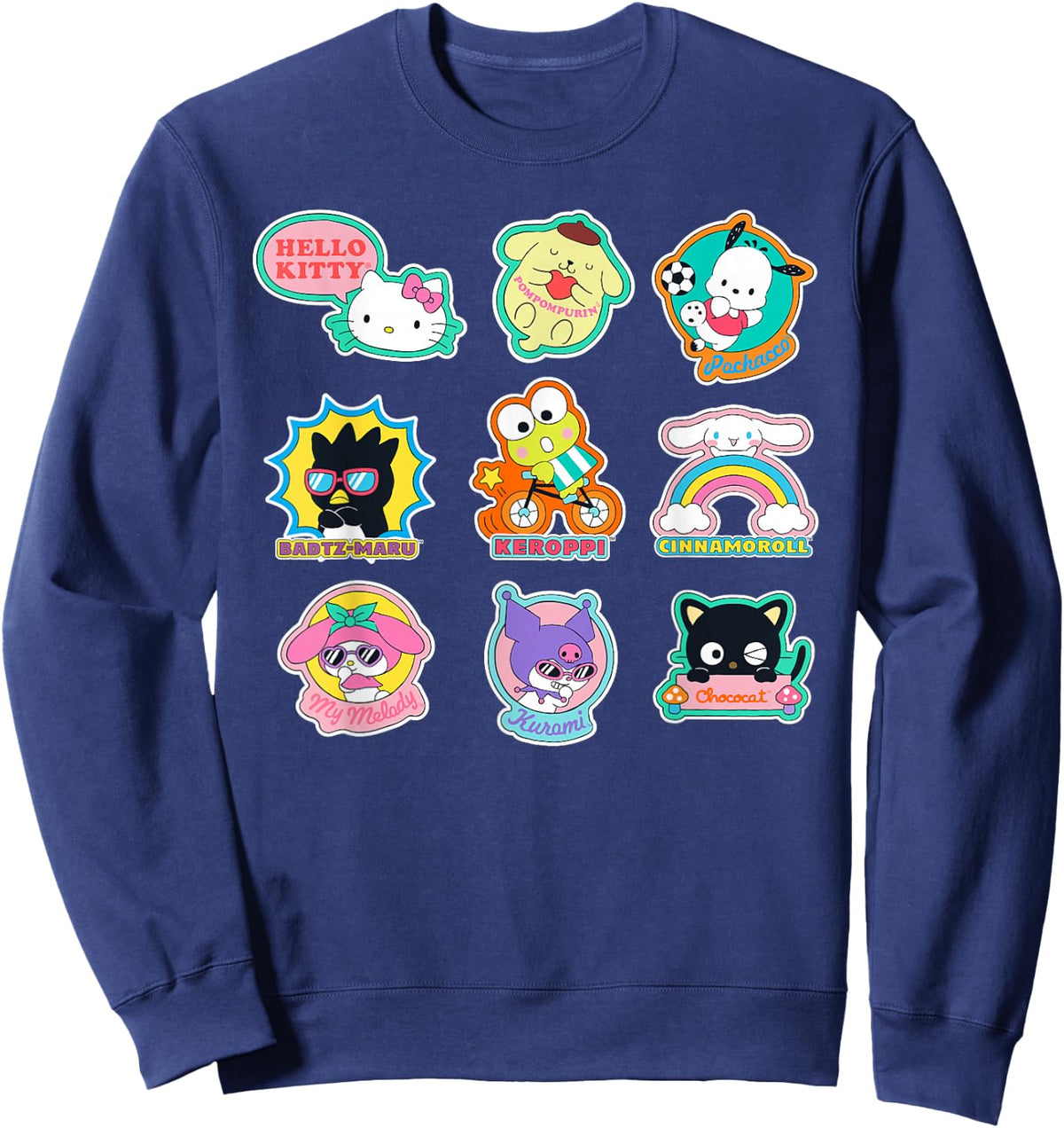 SANRIO Hello Kitty and Friends Supercute Stickers Adult Child Black Small Classic Fit Short Sleeve Cotton 60% Polyester 40% Sweatshirt - Sweatshirt | Navy