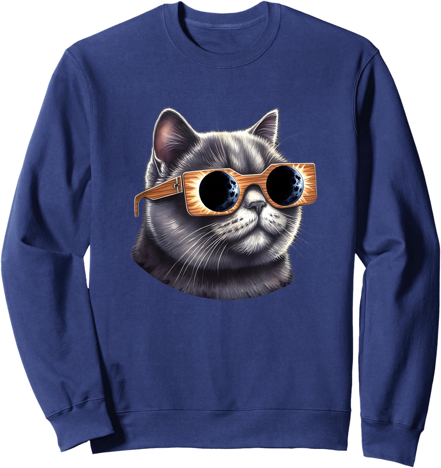 British Short Hair Cat with Solar Eclipse Glasses Sweatshirt - Sweatshirt | Navy