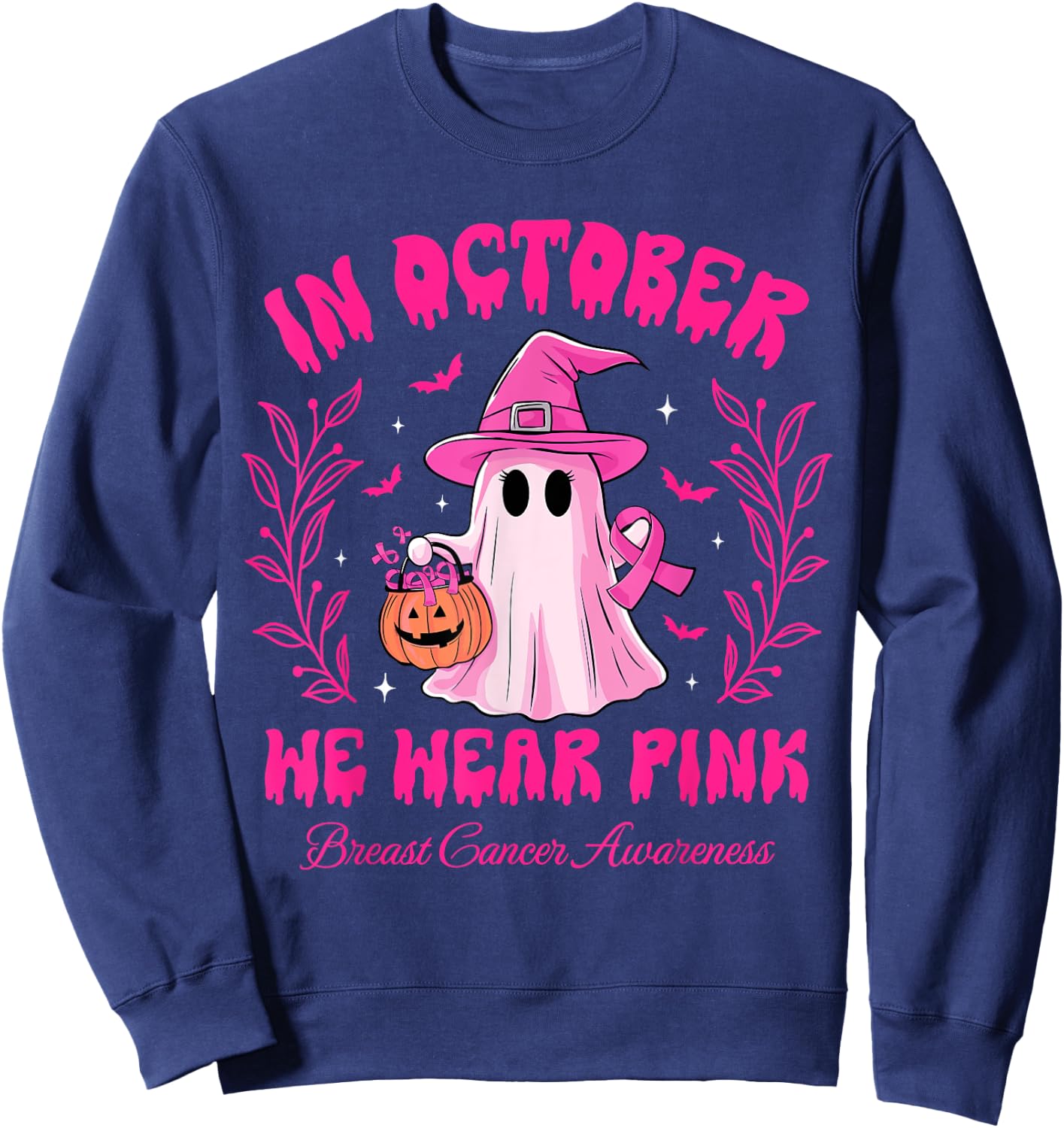 In October We Wear Pink Breast Cancer Awareness Halloween Sweatshirt - Sweatshirt | Navy