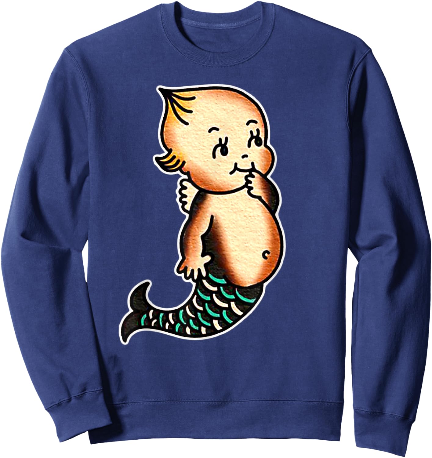 Kewpie Baby Mermaid Traditional Tattoo Flash Sweatshirt - Sweatshirt | Navy