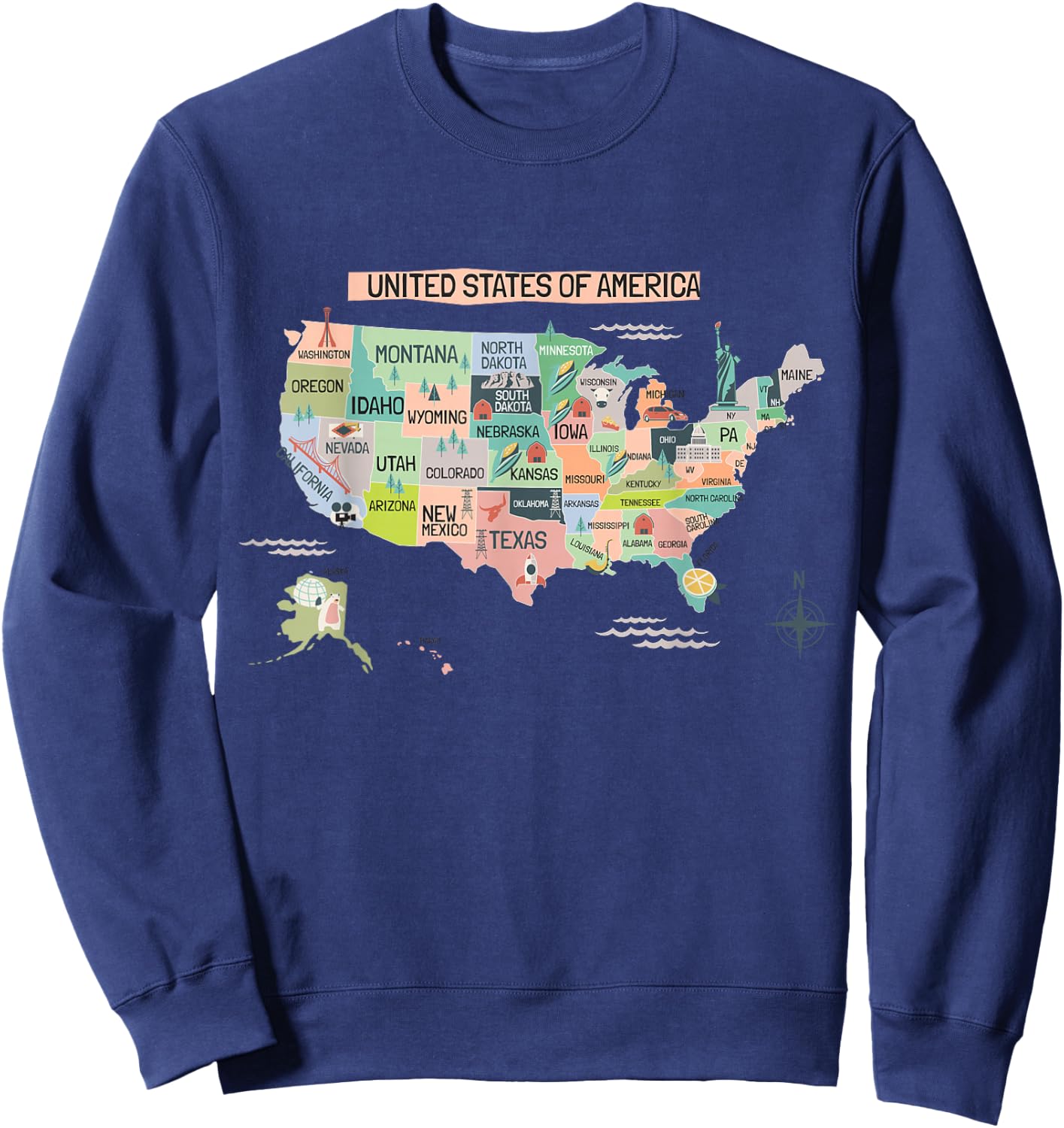 United States America Educational USA Wonders & States Map Sweatshirt - Sweatshirt | Navy