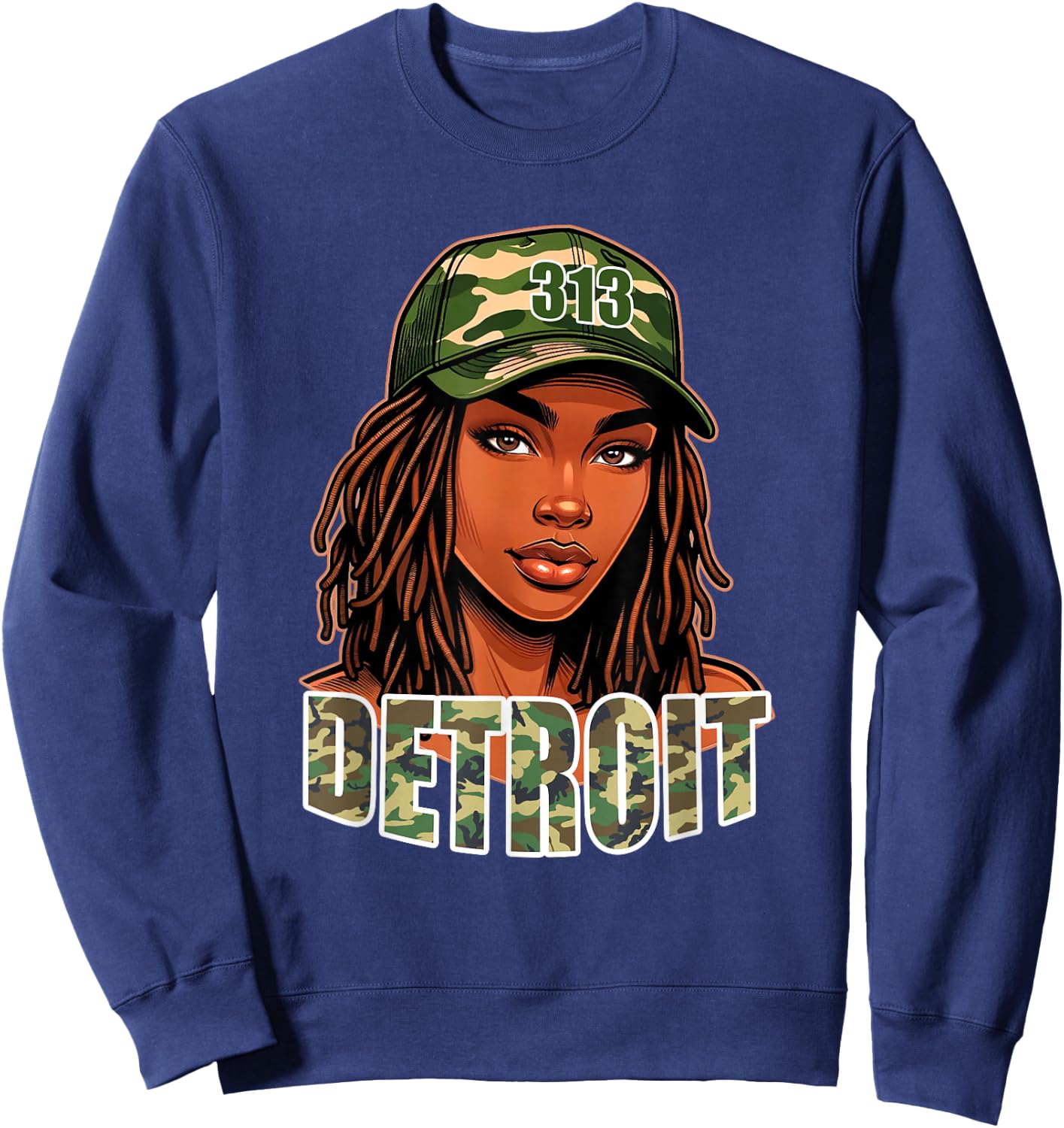 Detroit 313 Camo Hat Black Woman Locs Sweatshirt - Sweatshirt | Navy