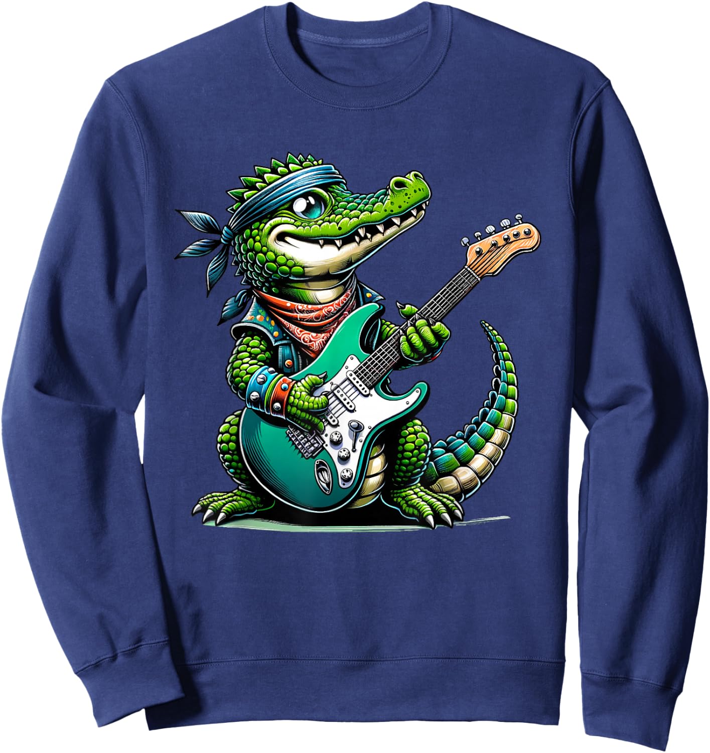 Crocodile Rock Star: Playful Guitar-Playing Alligator Sweatshirt - Sweatshirt | Navy