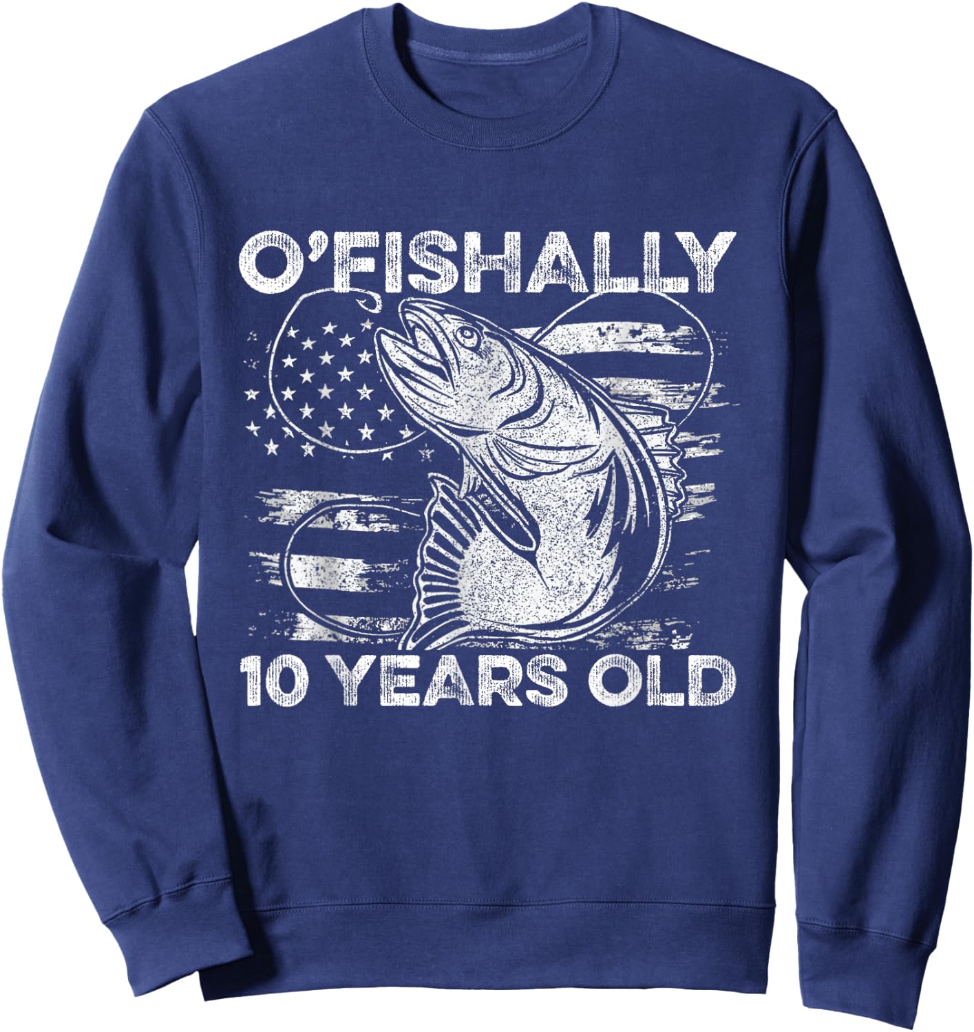 Ofishally 10 Year Old Shirt 10th Birthday Fishing US Flag Sweatshirt - Sweatshirt | Navy