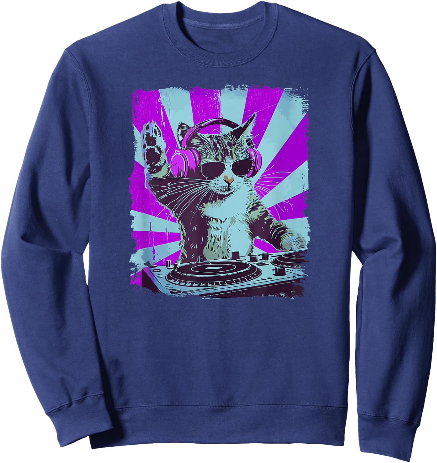 DJ Cat Disco Funny Sound Tech Headphone Techno Music Women Sweatshirt - Sweatshirt | Navy