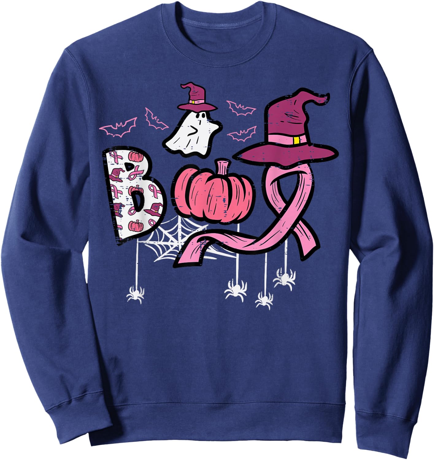 Breast Cancer Boo Halloween Pink Ribbon Aware Women Kids Men Sweatshirt - Sweatshirt | Navy