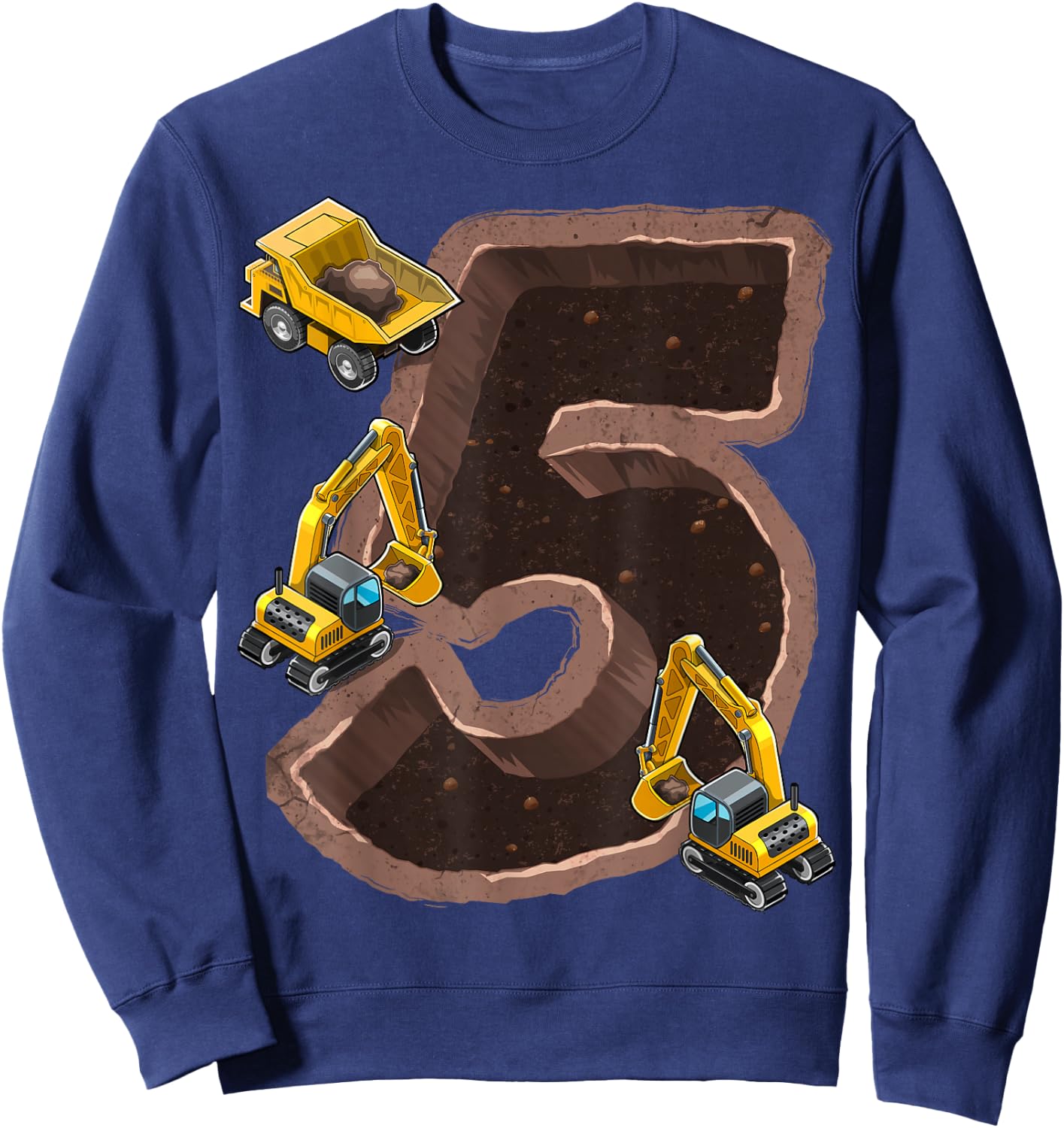 5th Birthday Excavator Construction Vehicles Party Gift Boys Sweatshirt - Sweatshirt | Navy