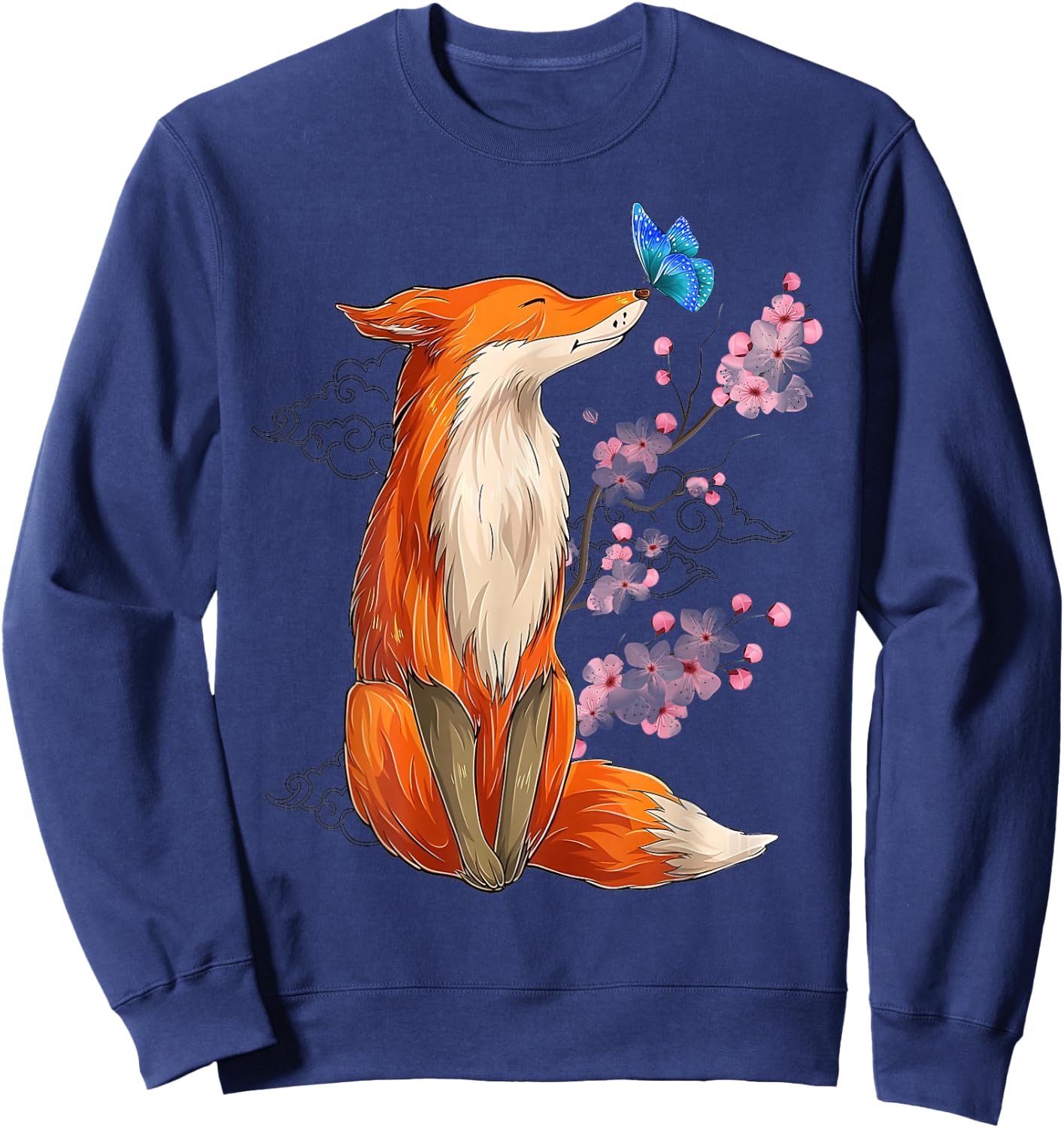 Vintage Japanese Cherry Blossom Fox Sakura Aesthetic Art Sweatshirt - Sweatshirt | Navy