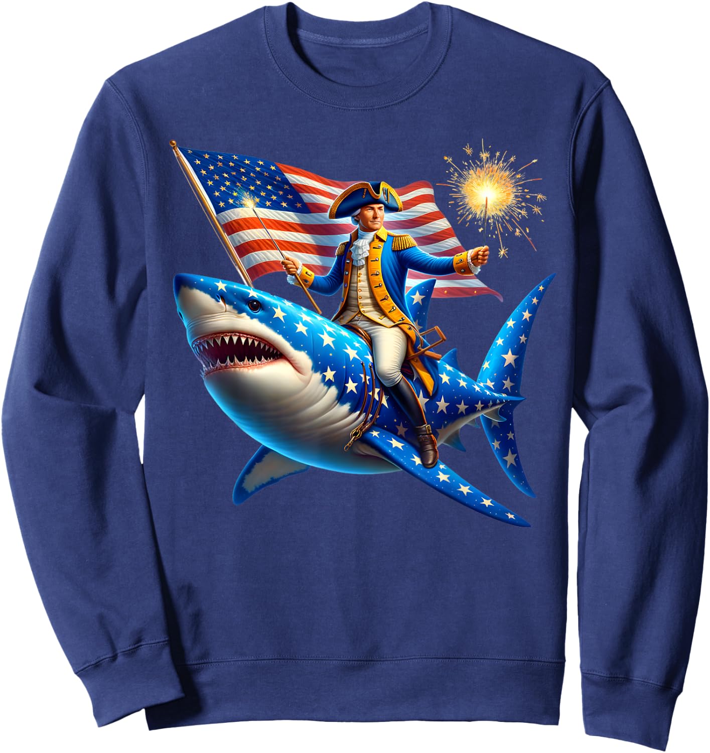 Washington Riding Shark Funny July 4th American Flag Patriot Men Sweatshirt - Sweatshirt | Navy